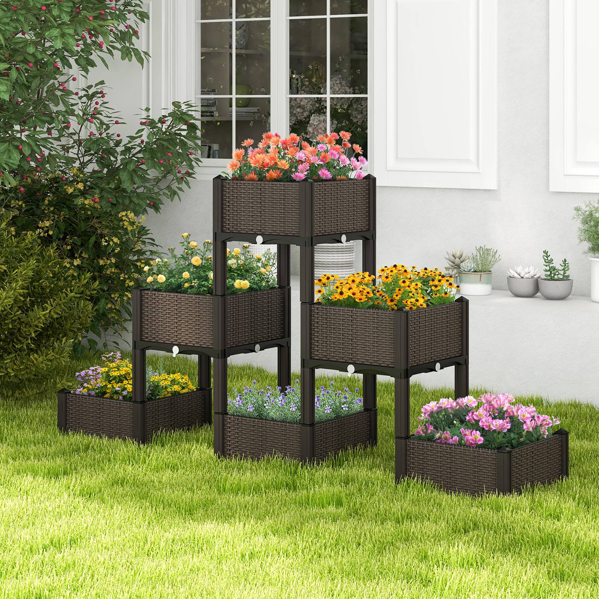 Alt View 1. Gymax - Gymax 4 PCS Elevated Plastic Raised Garden Bed Planter Kit for Flower Vegetable Grow - Brown.