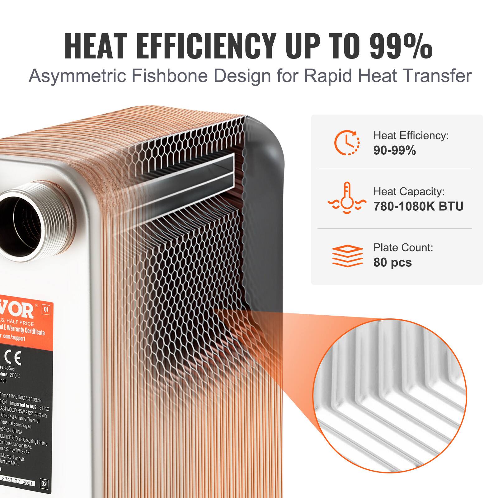 HEAT EFFICIENCY UP TO 99%  
Asymmetric Fishbone Design for Rapid Heat Transfer  

Heat Efficiency: 90-99%  
Heat Capacity: 780-1080K BTU  
Plate Count: 80 pcs  

VOR  
HALF PRICE  
Warranty 1 Certificate  

CE: 4035g9  
turt 200 nch brong  
four GUDA 509m 1CX  
Imported AST  
AUS: 1000 SI SHAO C  
202 Austaia Eas Alliance  
ndusial Thermal Zone  
fRO 529224 CIA MITTO  
00 YH b YOuR Cinsuting  
Lnites London Rout S  
THTA AX Manze trdst  
in Man. I 3143 02