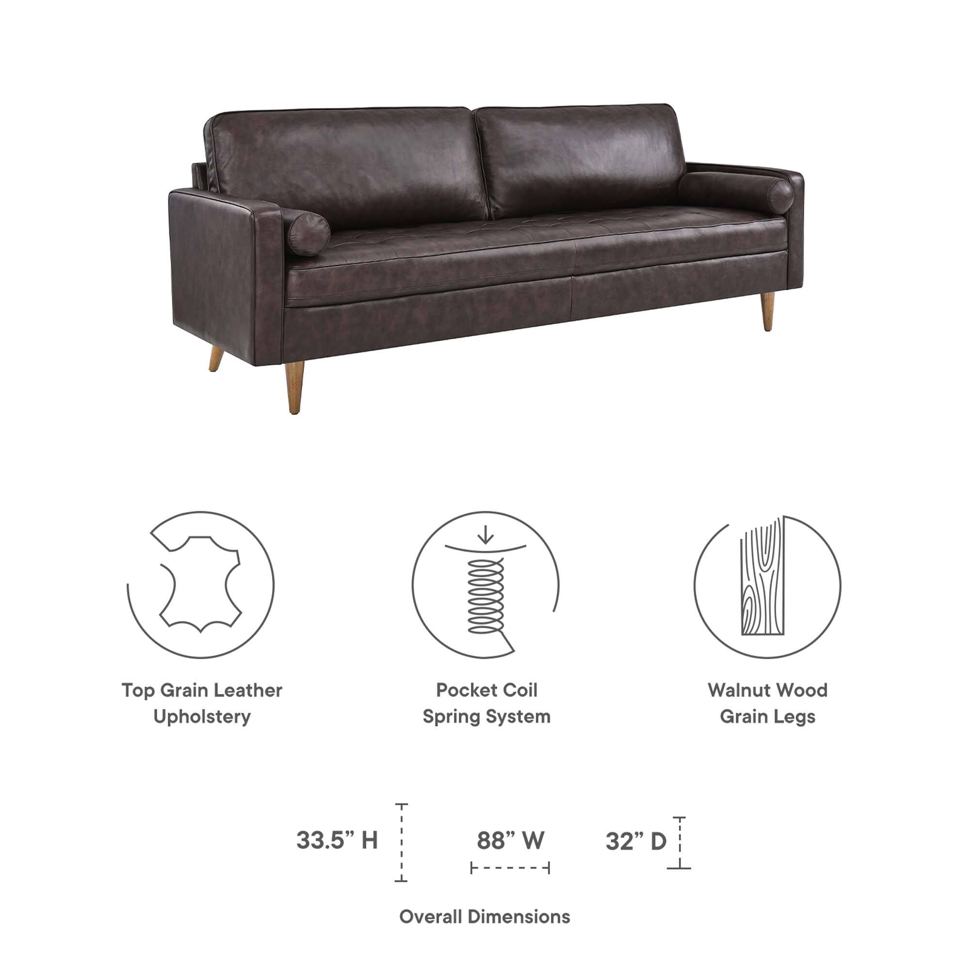 Top Grain Leather Upholstery  
Pocket Coil Spring System  
Walnut Wood Grain Legs  

Overall Dimensions:  
Height: 33.5"  
Width: 88"  
Depth: 32"