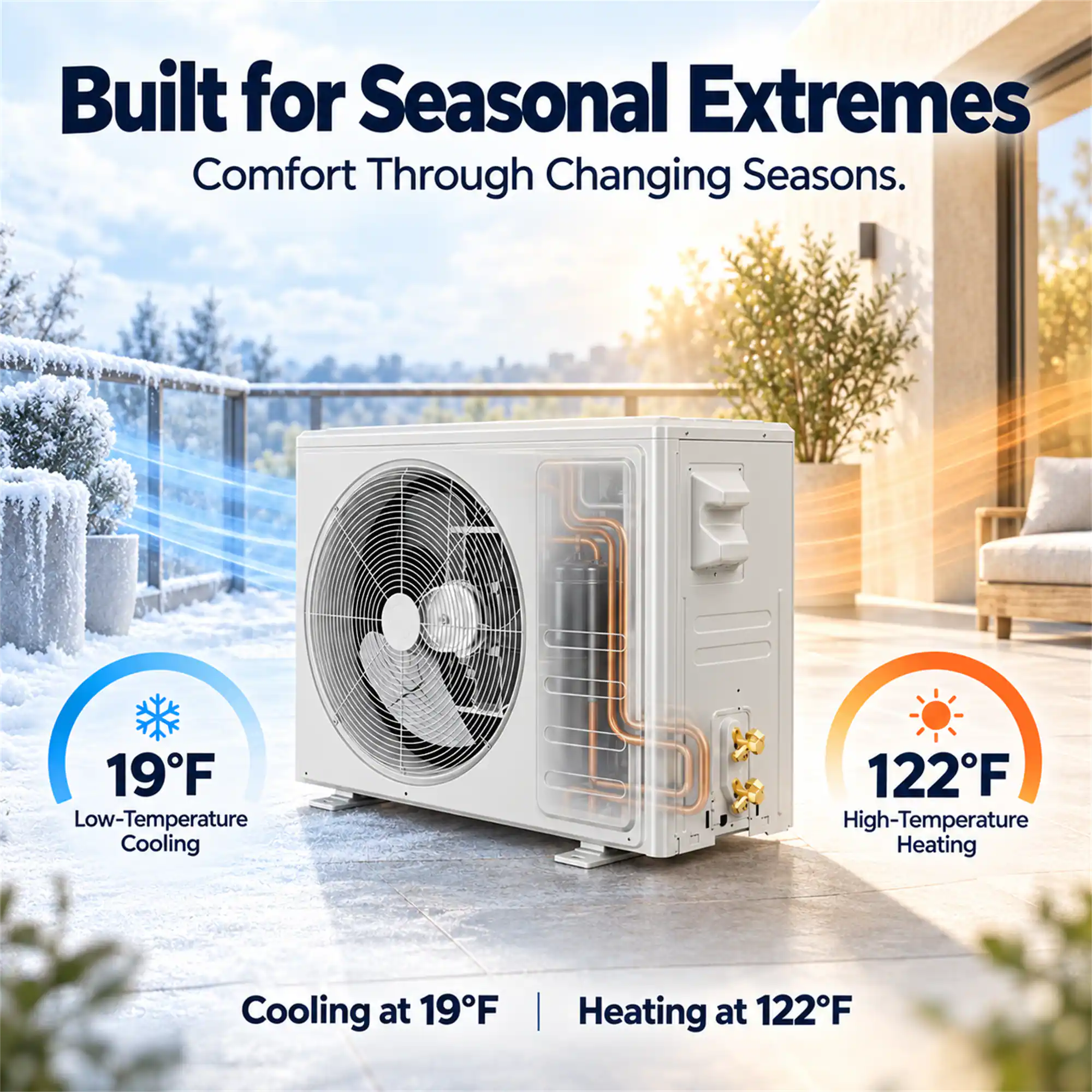 Built for Seasonal Extremes  
Comfort Through Changing Seasons.  

19°F Low-Temperature Cooling  
122°F High-Temperature Heating  

Cooling at 19°F  
Heating at 122°F