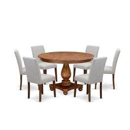 East West Furniture - 7-Piece Dinette Set - Kitchen Pedestal Table and 6 Doeskin Color Parson Wood Chairs with High Back - Multi-Color