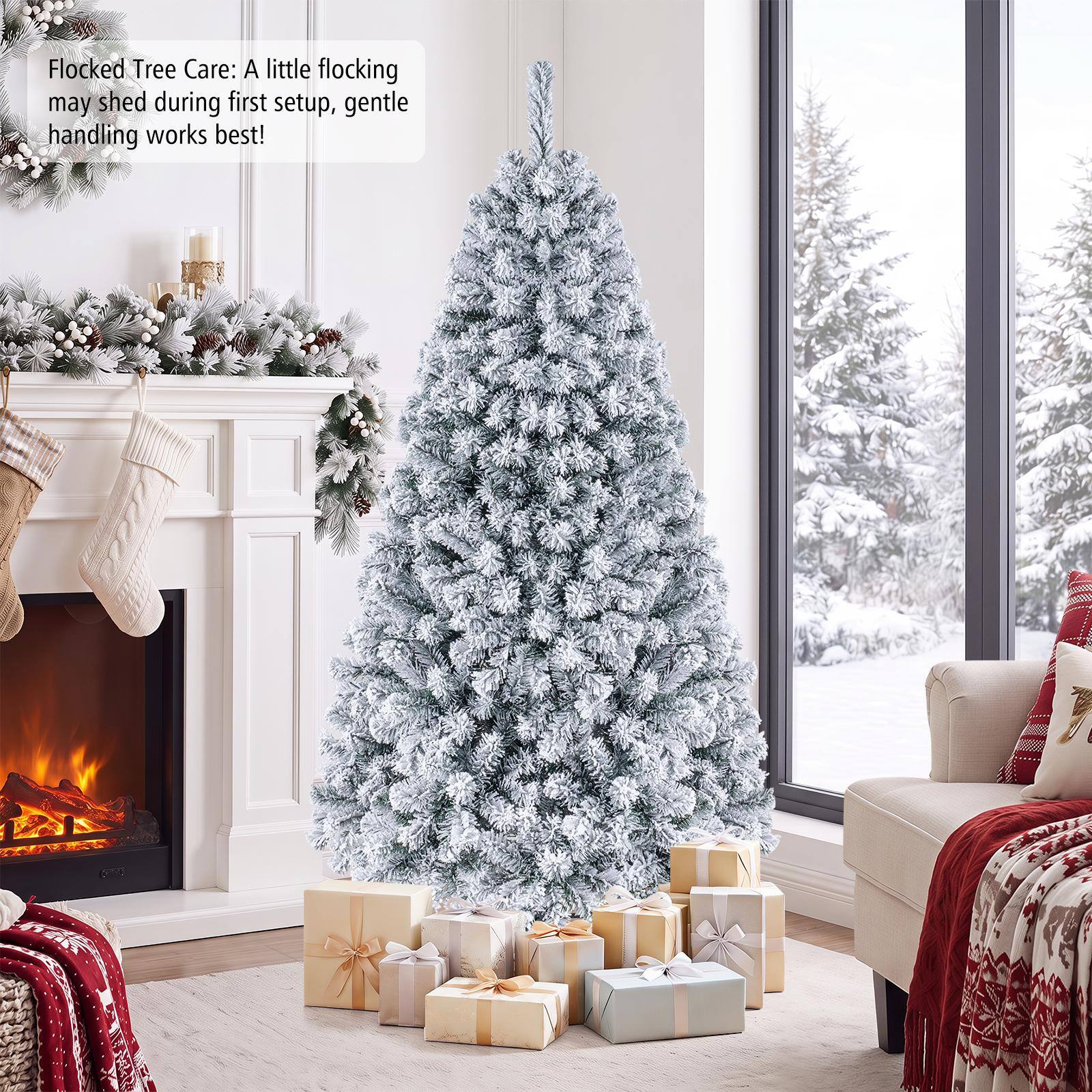 Flocked Tree Care: A little flocking may shed during first setup, gentle handling works best!