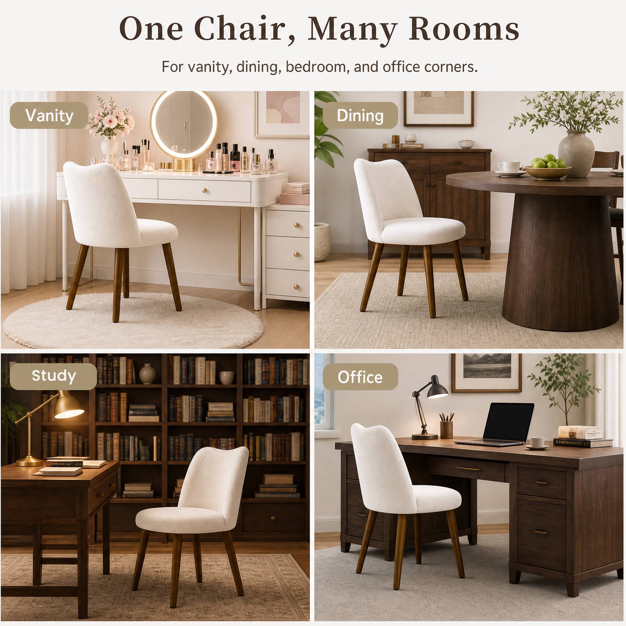 One Chair, Many Rooms  
For vanity, dining, bedroom, and office corners.  
Vanity  
Dining  
Study  
Office