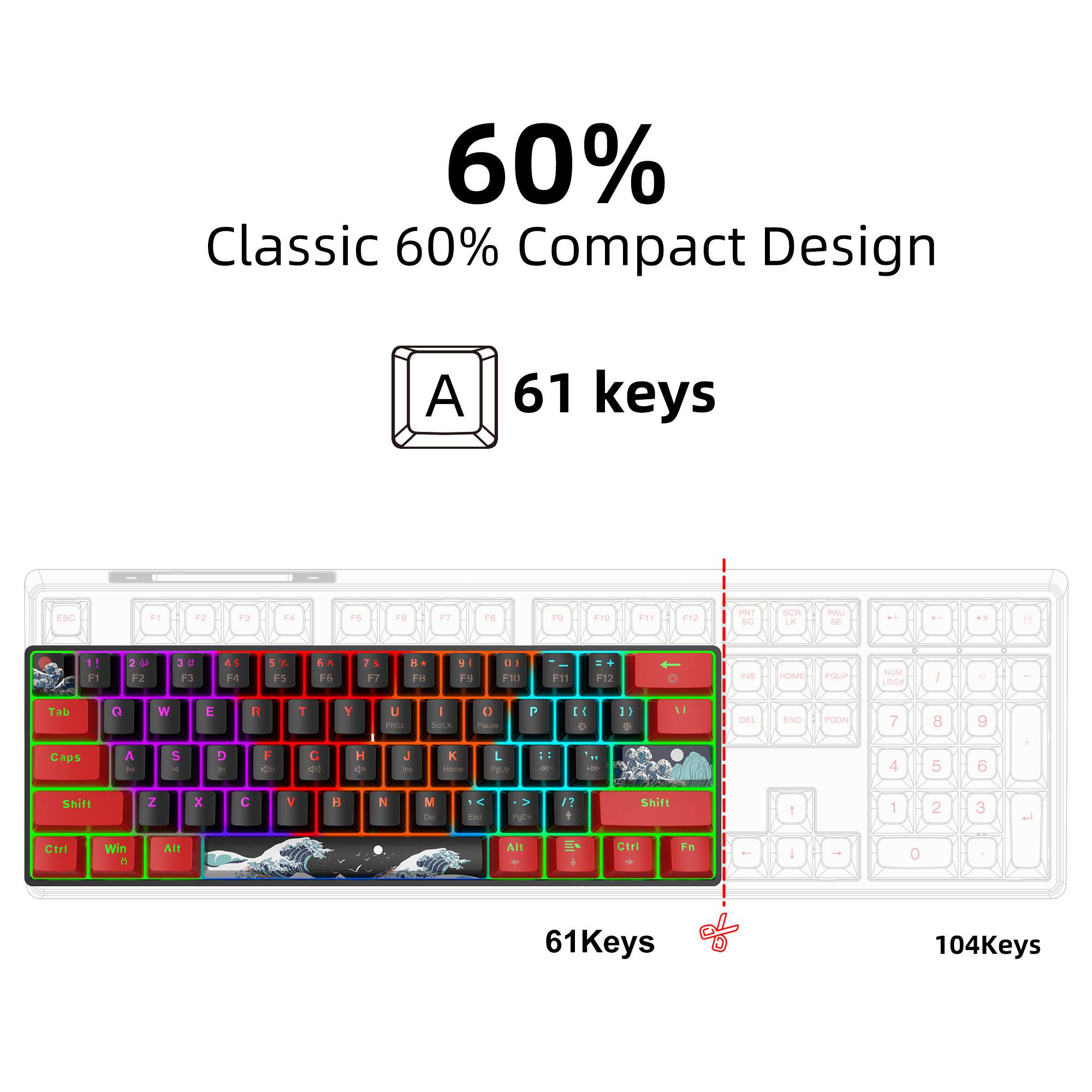 60%  
Classic 60% Compact Design  
61 keys  

61Keys  
104Keys
