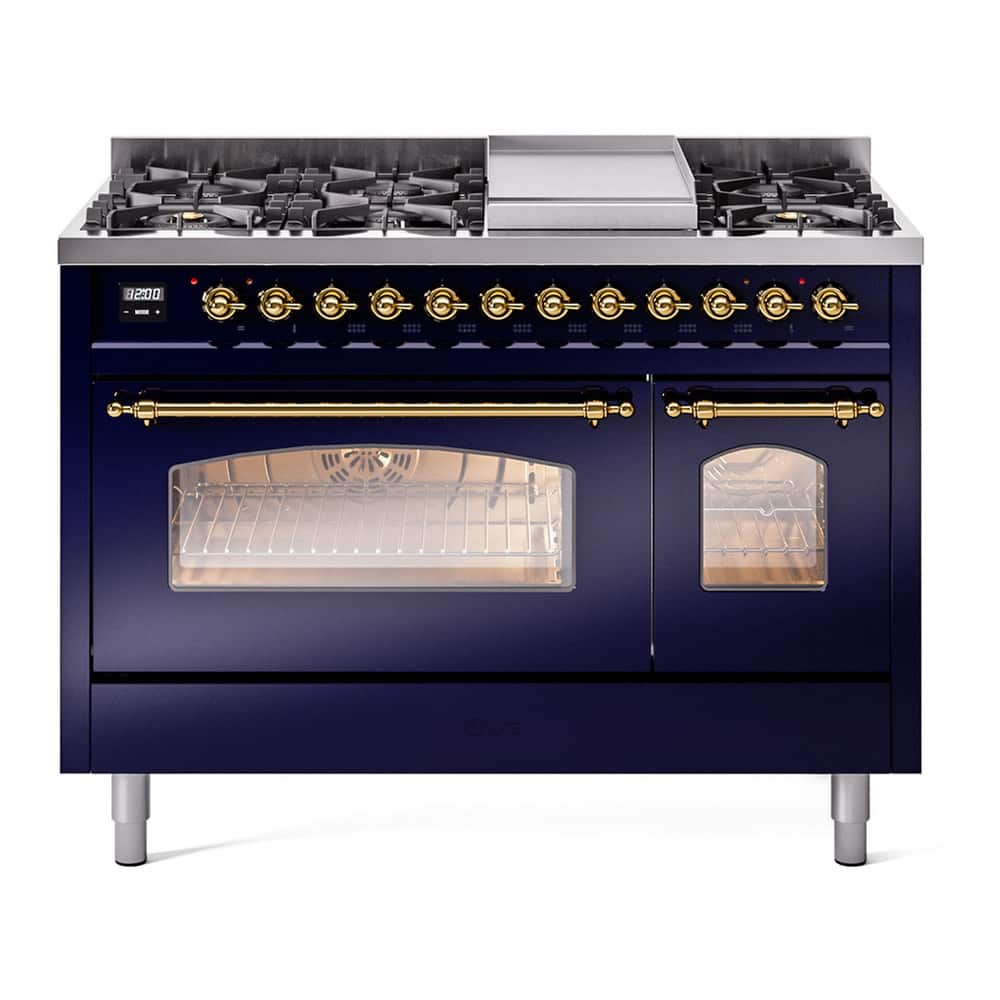 ILVE - Nostalgie II 48 inch Dual Fuel Range with 5.02 cu. ft. Total Double Oven Capacity (Midnight Blue, Brass) - Midnight Blue