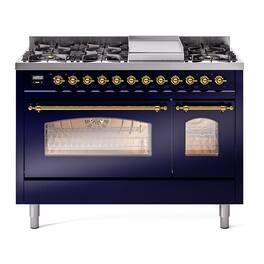 ILVE - Nostalgie II 48 inch Dual Fuel Range with 5.02 cu. ft. Total Double Oven Capacity (Midnight Blue, Brass) - Midnight Blue