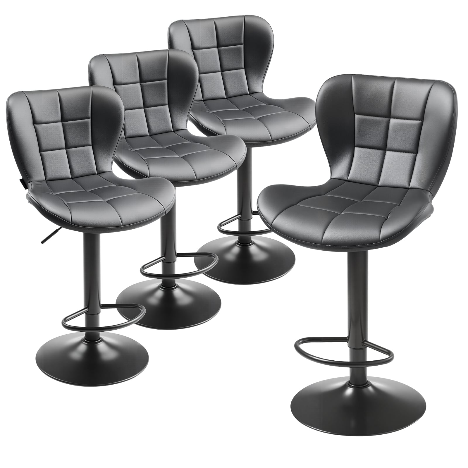 Front. VEVOR - Set of 4 Modern PU Leather Bar Stools, Adjustable Height Counter Chairs with Swivel Function, Backrest, and Footrest - Black.