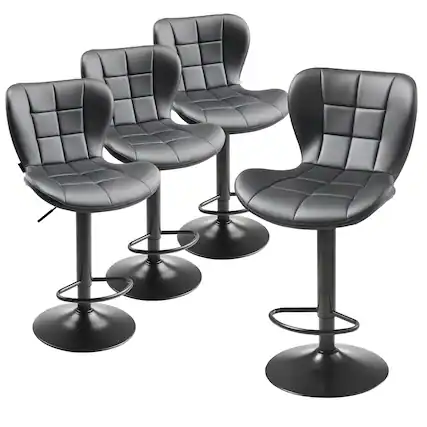 Front. VEVOR - Set of 4 Modern PU Leather Bar Stools, Adjustable Height Counter Chairs with Swivel Function, Backrest, and Footrest - Black.