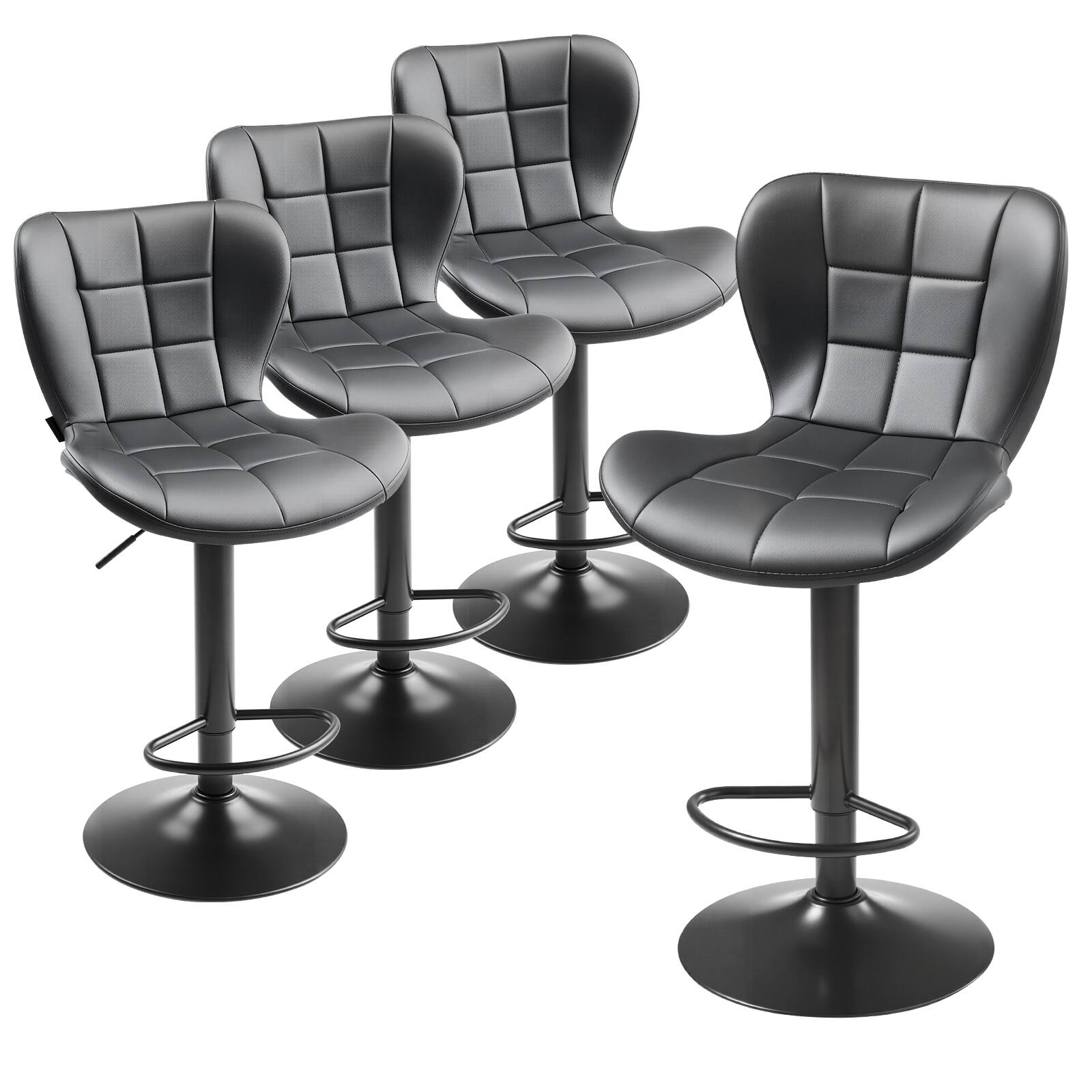 Front. VEVOR - Set of 4 Modern PU Leather Bar Stools, Adjustable Height Counter Chairs with Swivel Function, Backrest, and Footrest - Black.