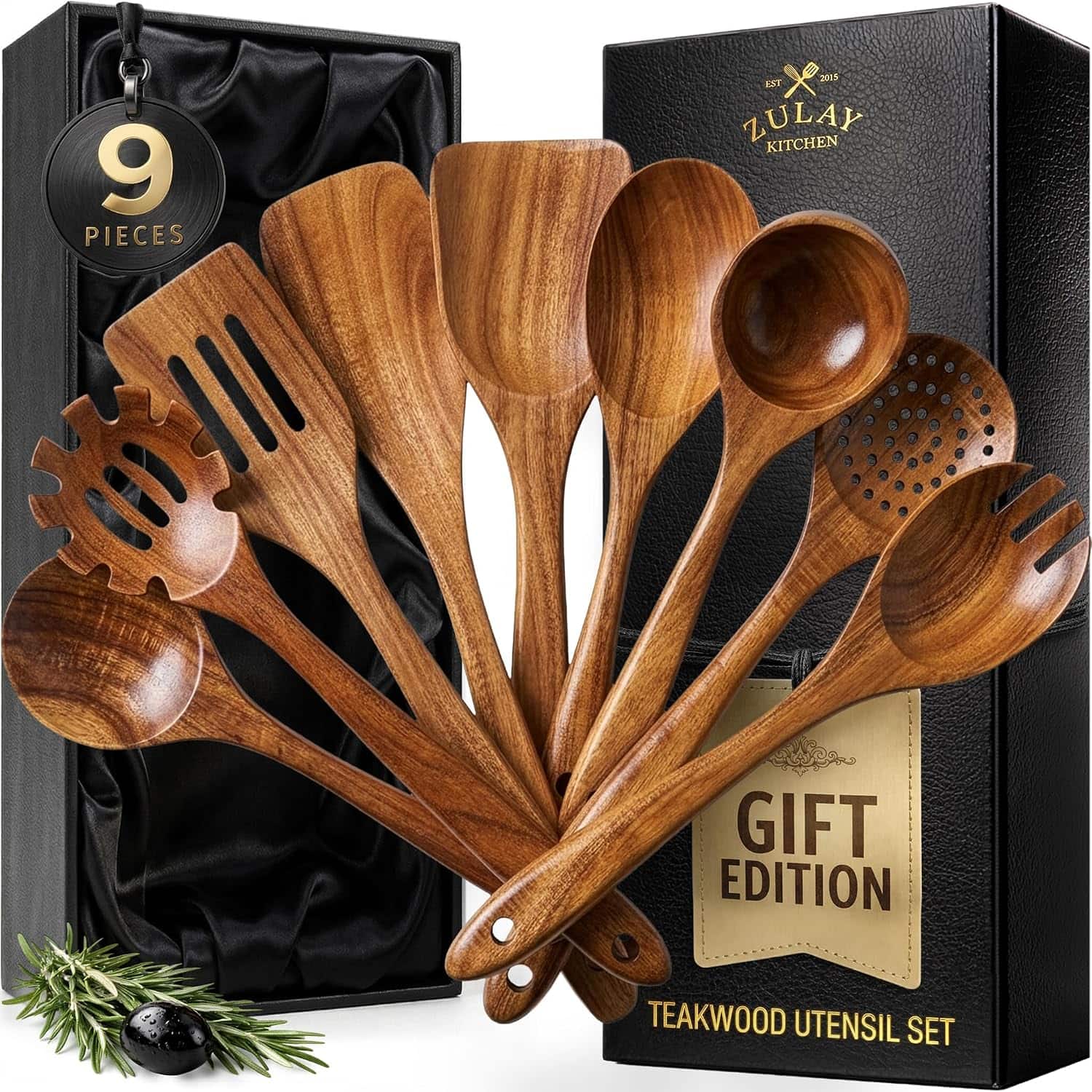 Zulay Kitchen - 9-Piece Teak Wooden Utensil Set - Non-Stick Spoons with Gift Box - Brown