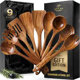 Zulay Kitchen - 9-Piece Teak Wooden Utensil Set - Non-Stick Spoons with Gift Box - Brown