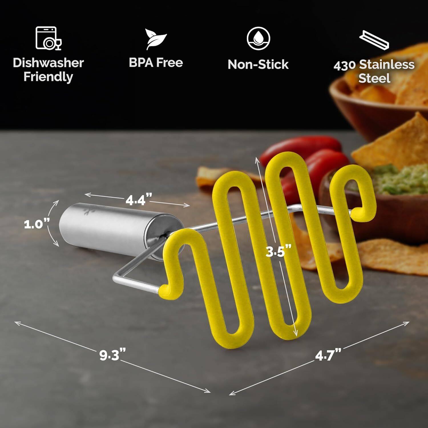 Dishwasher Friendly, BPA Free, Non-Stick, 430 Stainless Steel, 4.4", 1.0", 9.3", 3.5", 4.7"