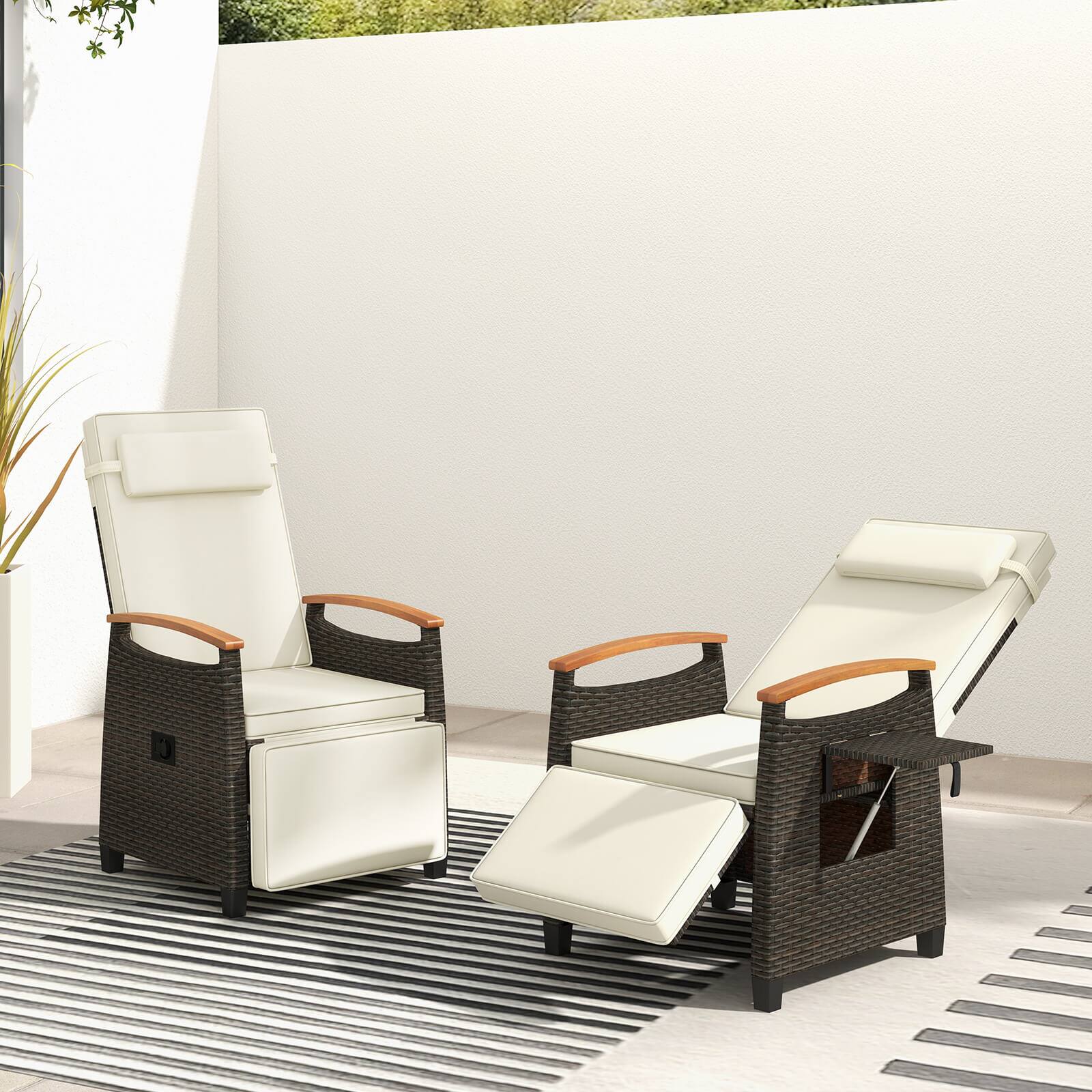 Alt View 1. Costway - 2 PCS Patio Wicker Recliner Chair with Adjustable Backrest Footrest Flip Side Table - White.