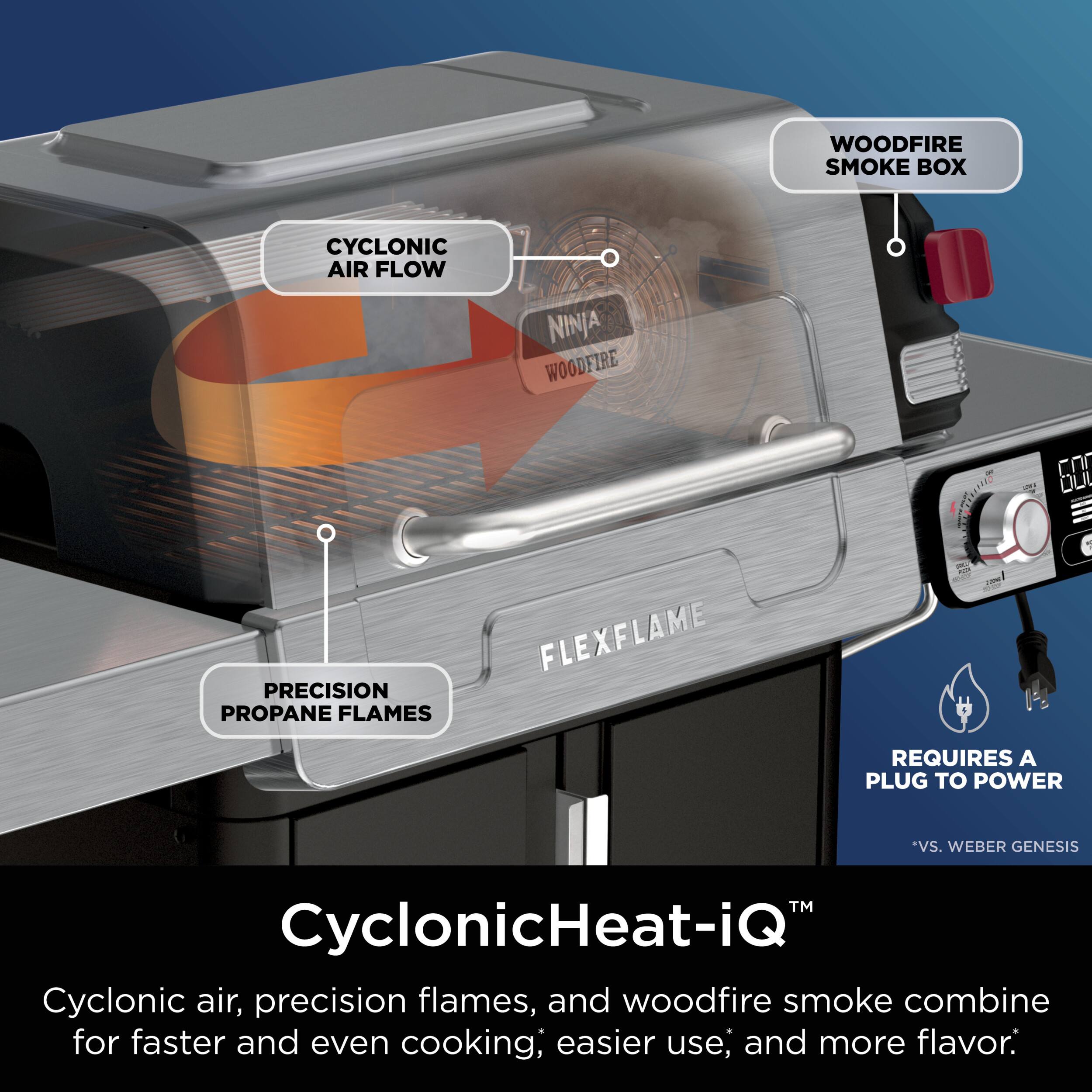 CyclonicHeat-iQ combines cyclonic air, precision flames, and woodfire smoke for faster and even cooking; easier use; and more flavor. It requires a plug to power and is available in a woodfire smoke box.