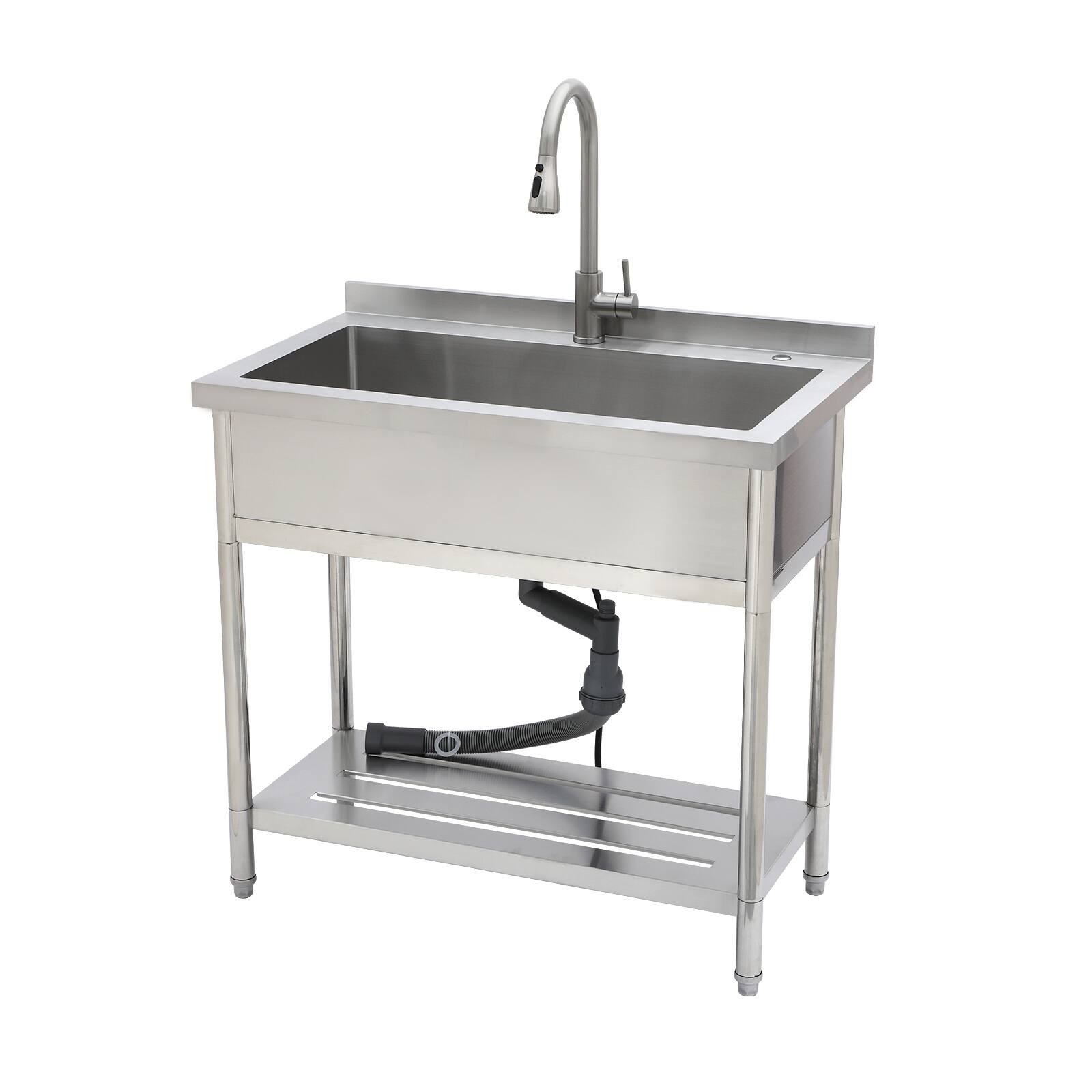 Alt View 5. Siljoy - 21" x 36" x 35.5" Stainless Steel Utility Sink Single Bowl Freestanding Commercial Restaurant Sink with Pull-Out Faucet - Brushed Nickel.