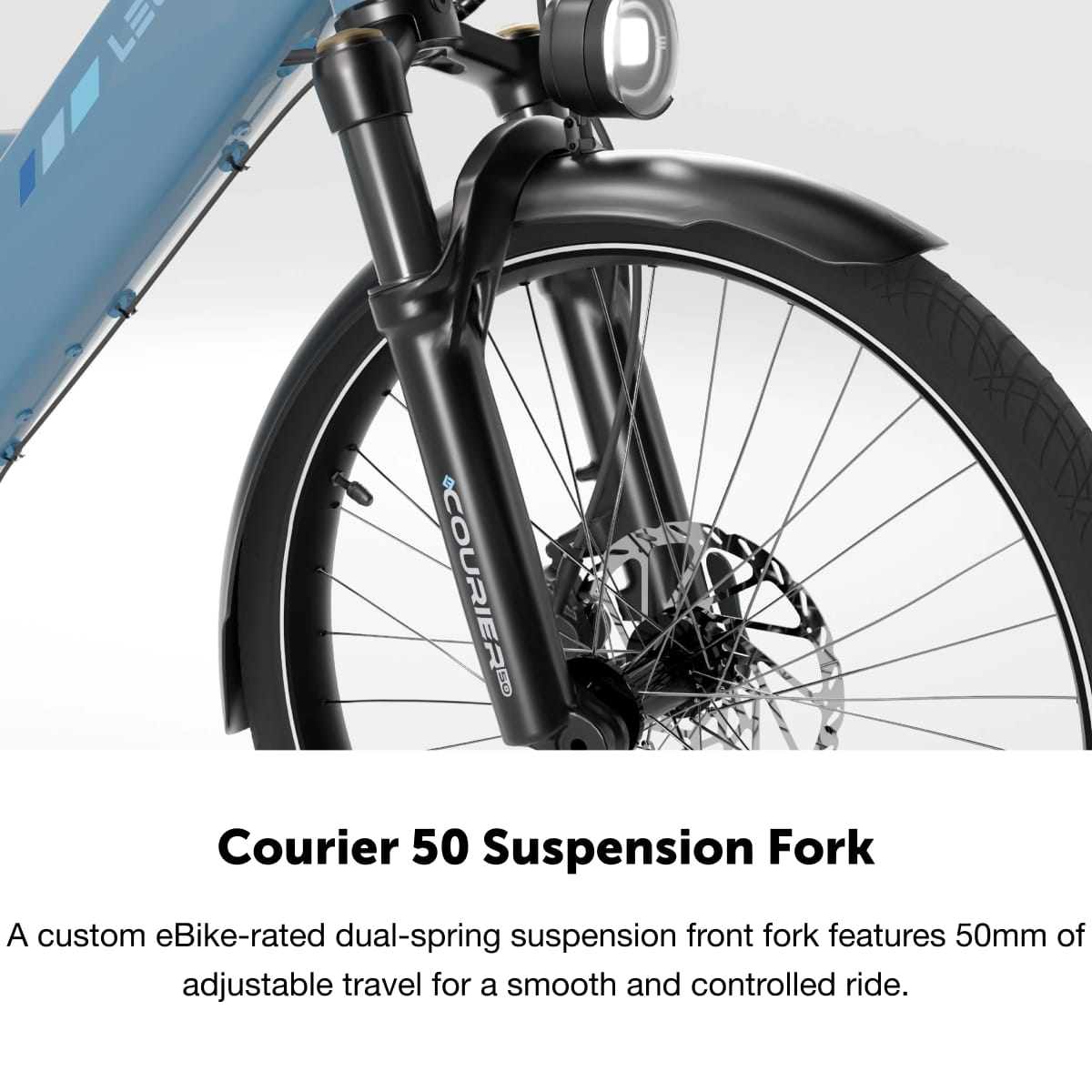 The text on the image reads: "Courier 50 Suspension Fork. A custom eBike-rated dual-spring suspension front fork features 50mm of adjustable travel for a smooth and controlled ride."
