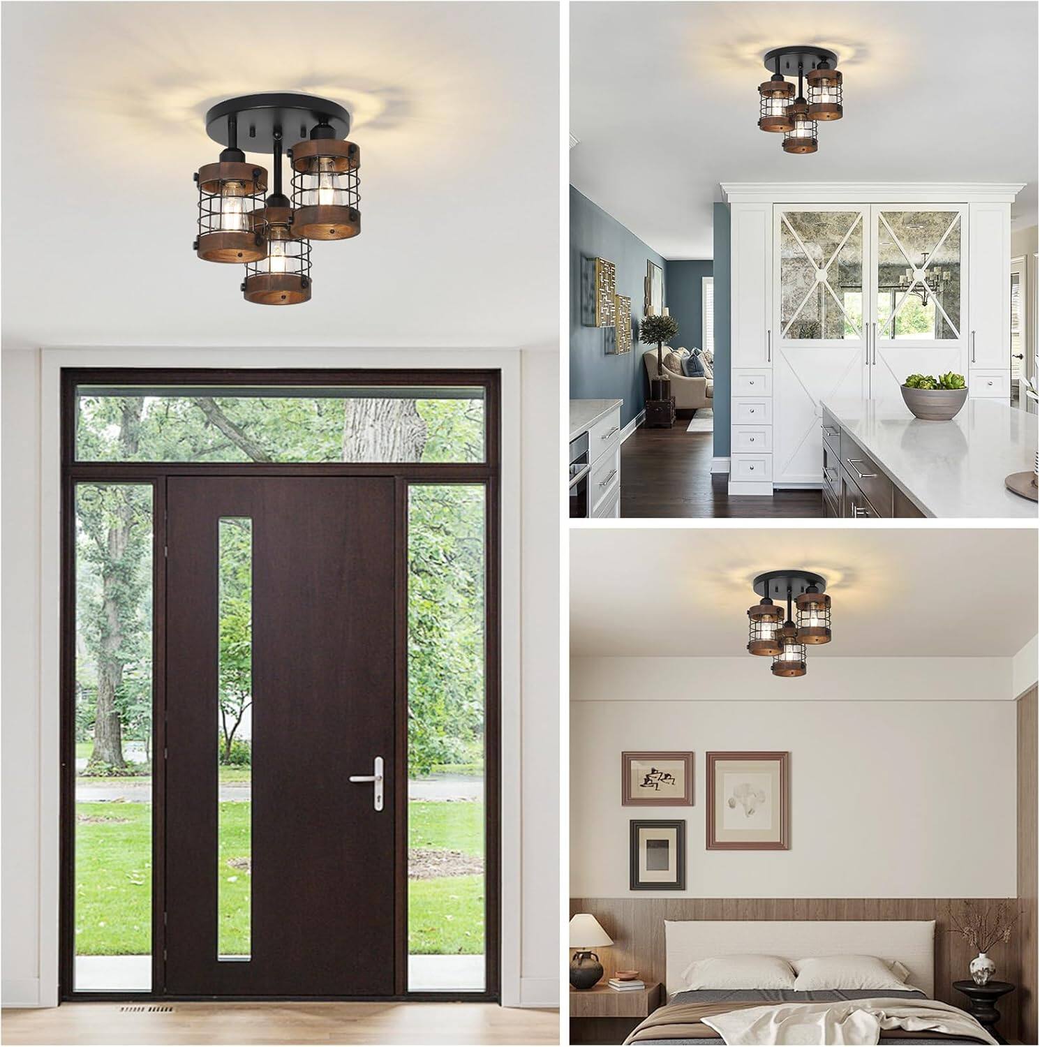 Alt View 3. Z-Edge - Semi Flush Mount Ceiling Light,3-Light Farmhouse Chandelier Light Fixtures Ceiling Mount for Dining Room Kitchen Bedroom - Brown.