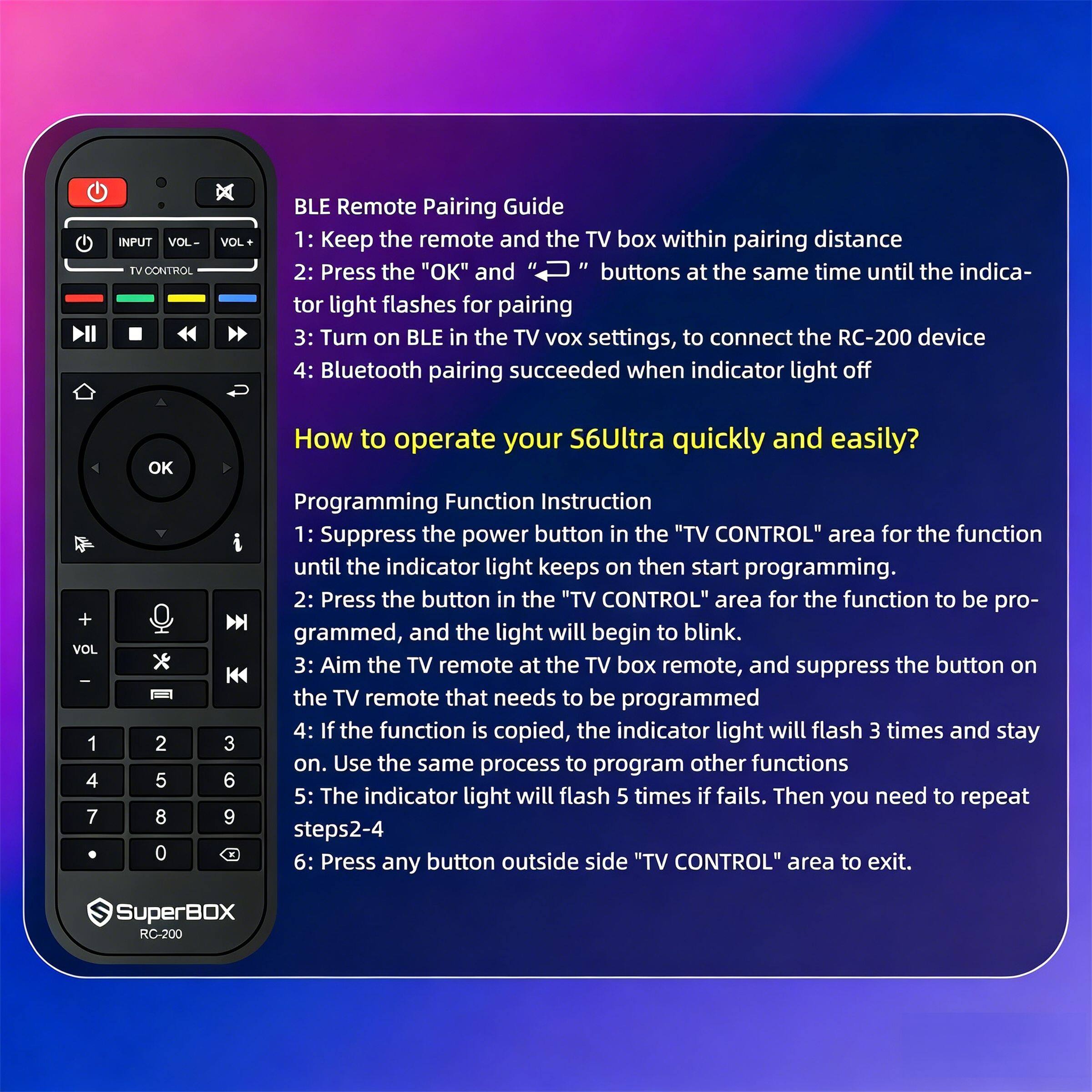 **BLE Remote Pairing Guide**

1. Keep the remote and the TV box within pairing distance.
2. Press the "OK" and "TV CONTROL" buttons at the same time until the indicator light flashes for pairing.
3. Turn on BLE in the TV VOX settings, to connect the RC-200 device.
4. Bluetooth pairing succeeded when indicator light off.

**How to operate your S6Ultra quickly and easily?**

**Programming Function Instruction**

1. Suppress the power button in the "TV CONTROL" area for the function until the indicator light keeps on then start programming.
2. Press the button in the "TV CONTROL" area for the function to be programmed, and the light will begin to blink.
3. Aim the TV remote at the TV box remote, and suppress the button on the TV remote that needs to be programmed.
4. If the function is copied, the indicator light will flash 3 times and stay on. Use the same process to program other functions.
5. The indicator light will flash 5 times if fails. Then you need to repeat steps 2-4.
6. Press any button outside side "TV CONTROL" area to exit.