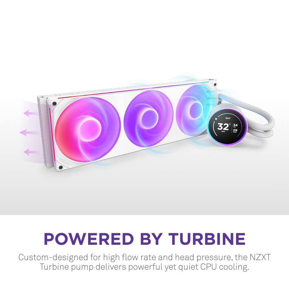 The image features a product called the NZXT Turbine pump, which is custom-designed for high flow rate and head pressure. This pump delivers powerful yet quiet CPU cooling, making it an ideal choice for those seeking efficient cooling solutions. The pump is powered by turbine technology, which provides a high flow rate and head pressure, ensuring optimal performance. The product is available in three different sizes, each with a different flow rate and head pressure, catering to a variety of cooling needs.