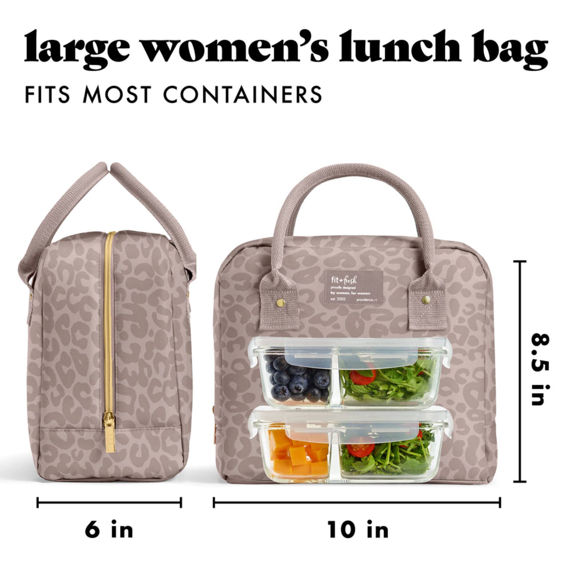 large women's lunch bag  
FITS MOST CONTAINERS  

fit+fresh  

8.5 in  
6 in  
10 in