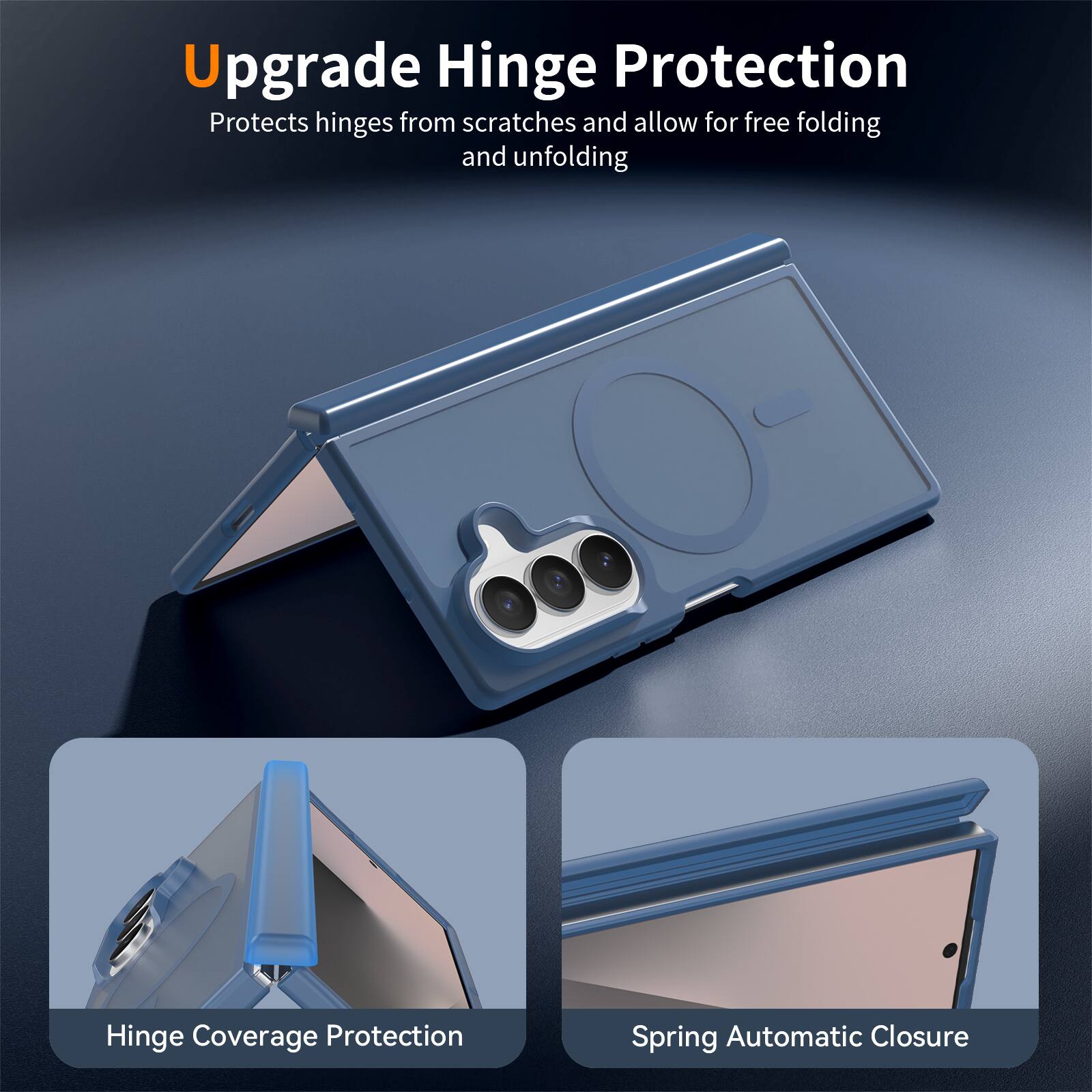 Upgrade Hinge Protection  
Protects hinges from scratches and allow for free folding and unfolding  

Hinge Coverage Protection  

Spring Automatic Closure