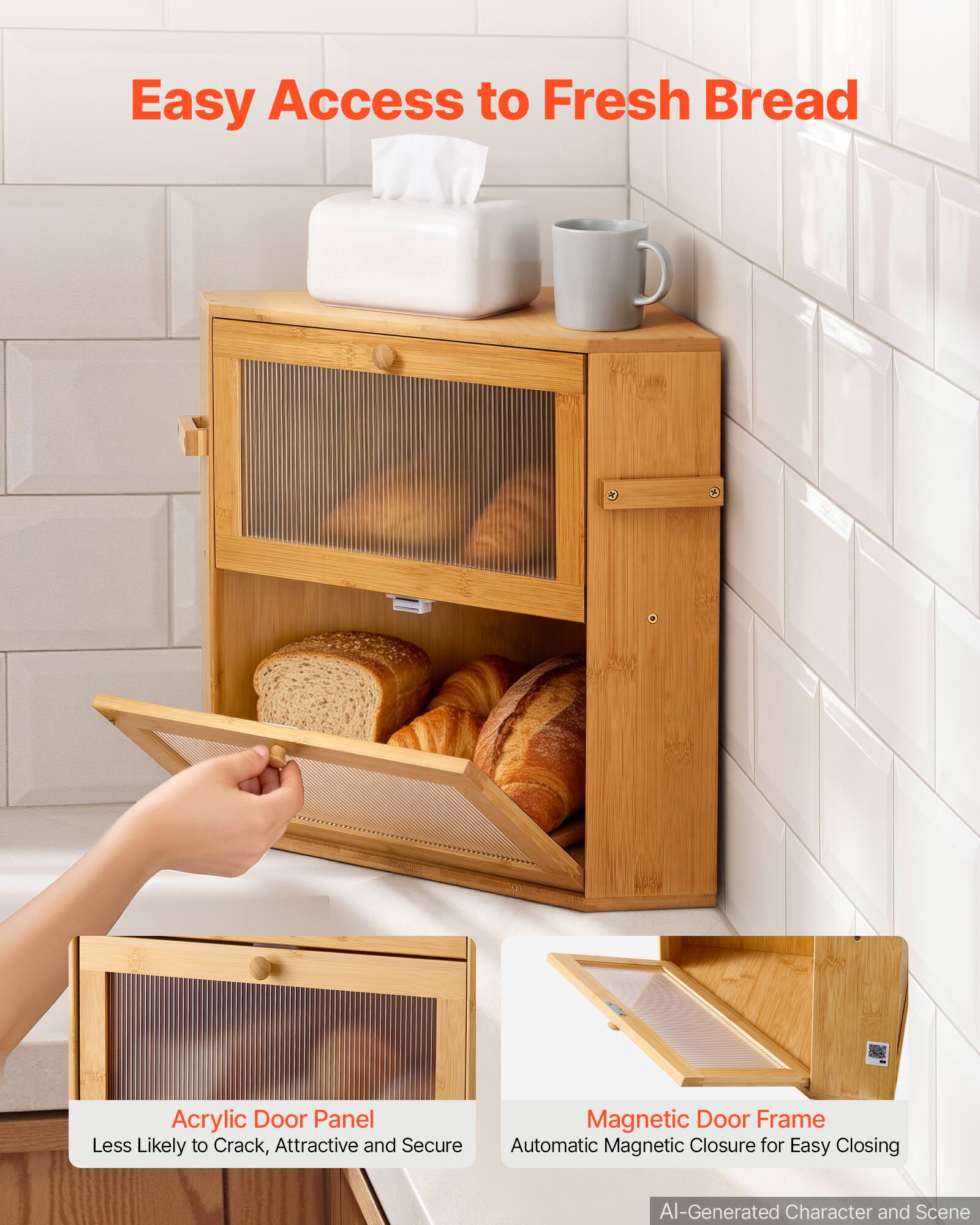VEVOR Corner Bread Box for Kitchen Counter Bamboo Wood Container ...