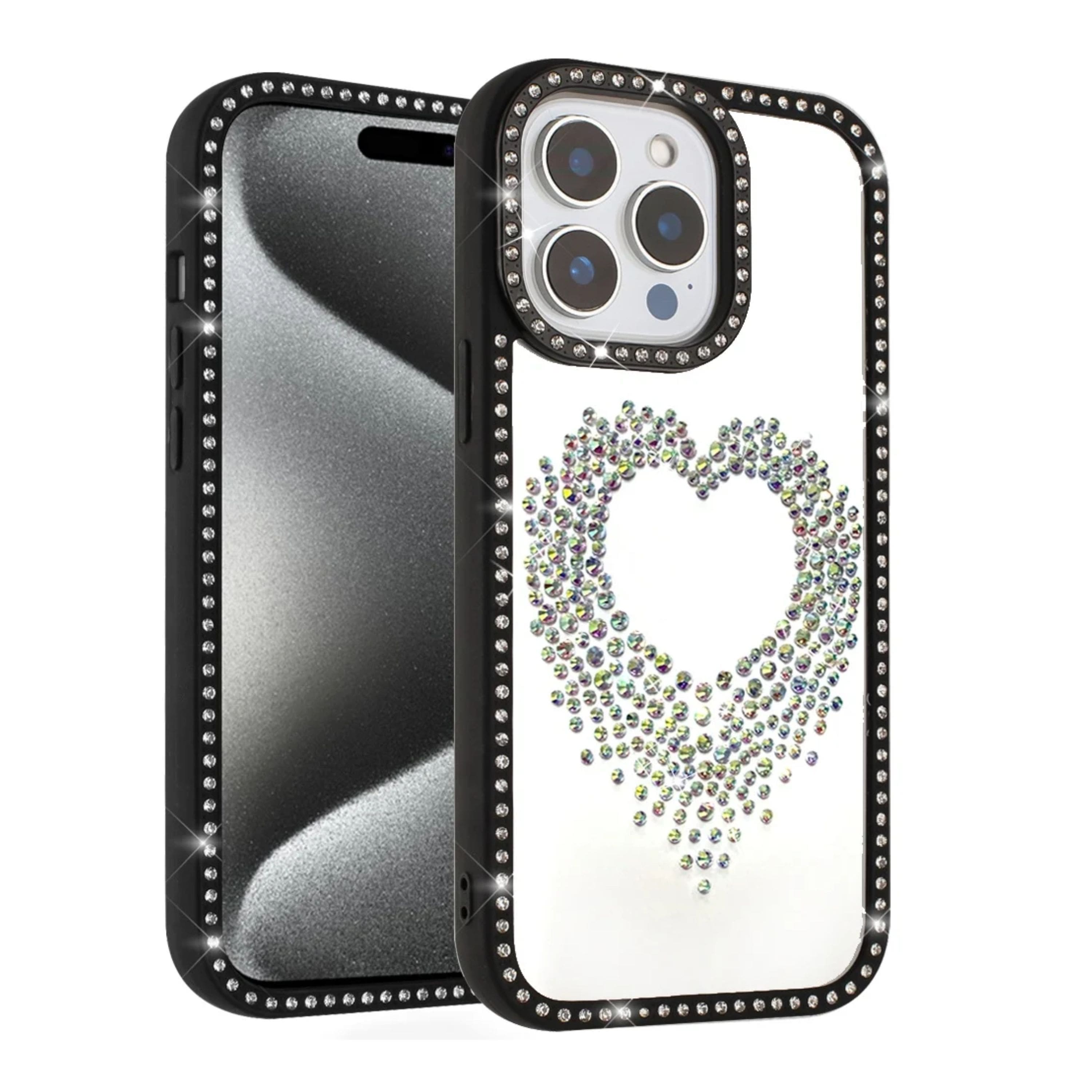 Kitcheniva - Heart Shaped Crystals Border Phone Case With 2 Pcs Tempered Glass For iPhone 15 Pro Max - Black