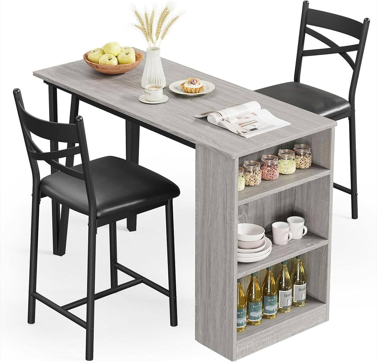 Qeetex - 2-4 Person Bar Table Set with 16" Wide Cushions & Flip-Top Extension, Durable for Dining - Gray