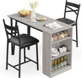 Qeetex - 2-4 Person Bar Table Set with 16" Wide Cushions & Flip-Top Extension, Durable for Dining - Gray