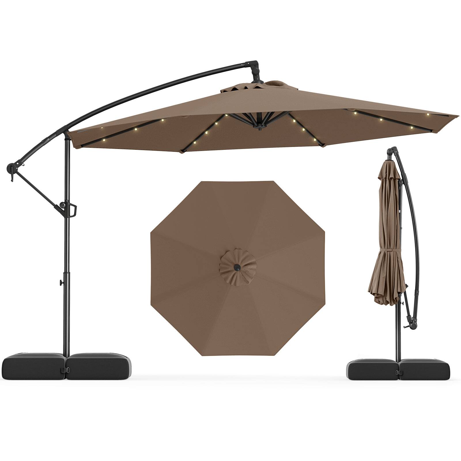 Alt View 2. Mondawe - 10 ft Solar Offset Patio Umbrella with Base 32 LED Lights 360 Rotation for Patio - Brown.