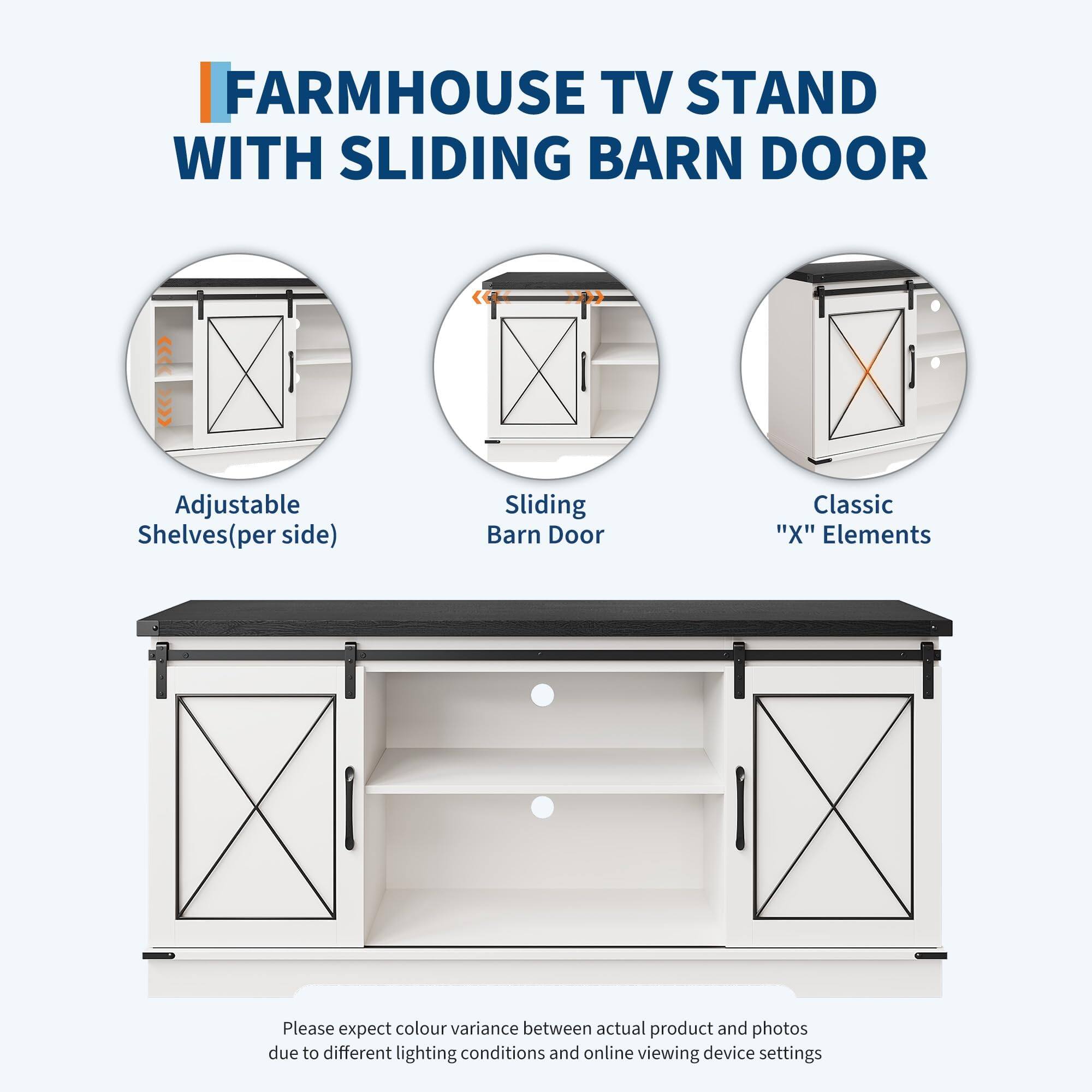 FARMHOUSE TV STAND WITH SLIDING BARN DOOR

- Adjustable Shelves (per side)
- Sliding Barn Door
- Classic "X" Elements

Please expect colour variance between actual product and photos due to different lighting conditions and online viewing device settings.