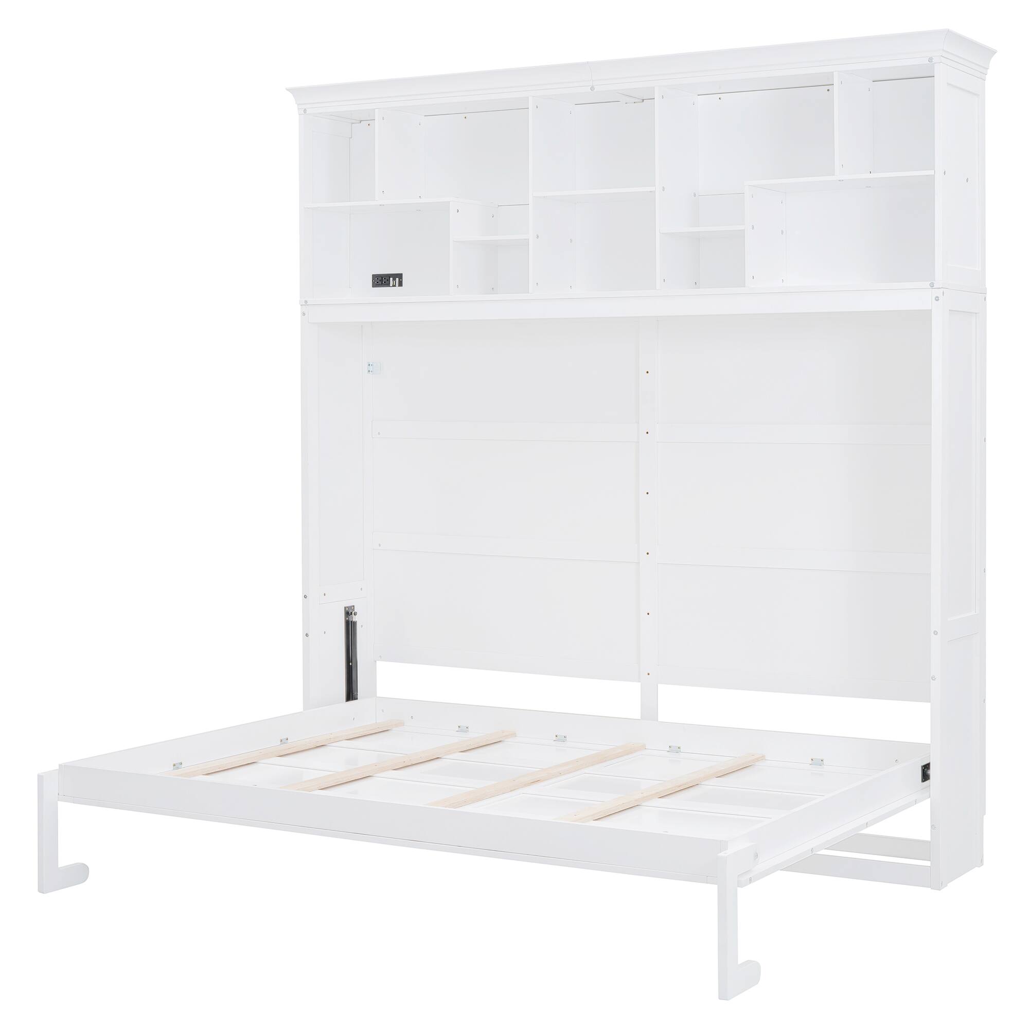 Alt View 7. Tiramisubest - Queen Size Murphy Wall Bed, White, Plywood, Space-Saving & Comfortable w/ Top Shelves & USB - White.