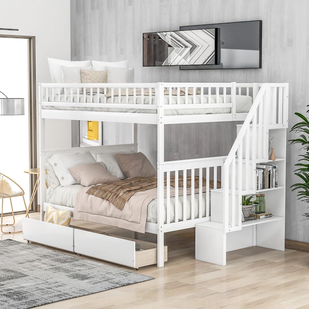 Loheer - Full Over Full Bunk Bed with Drawers Pine Wood Storage - White price history on PriceWatchPro
