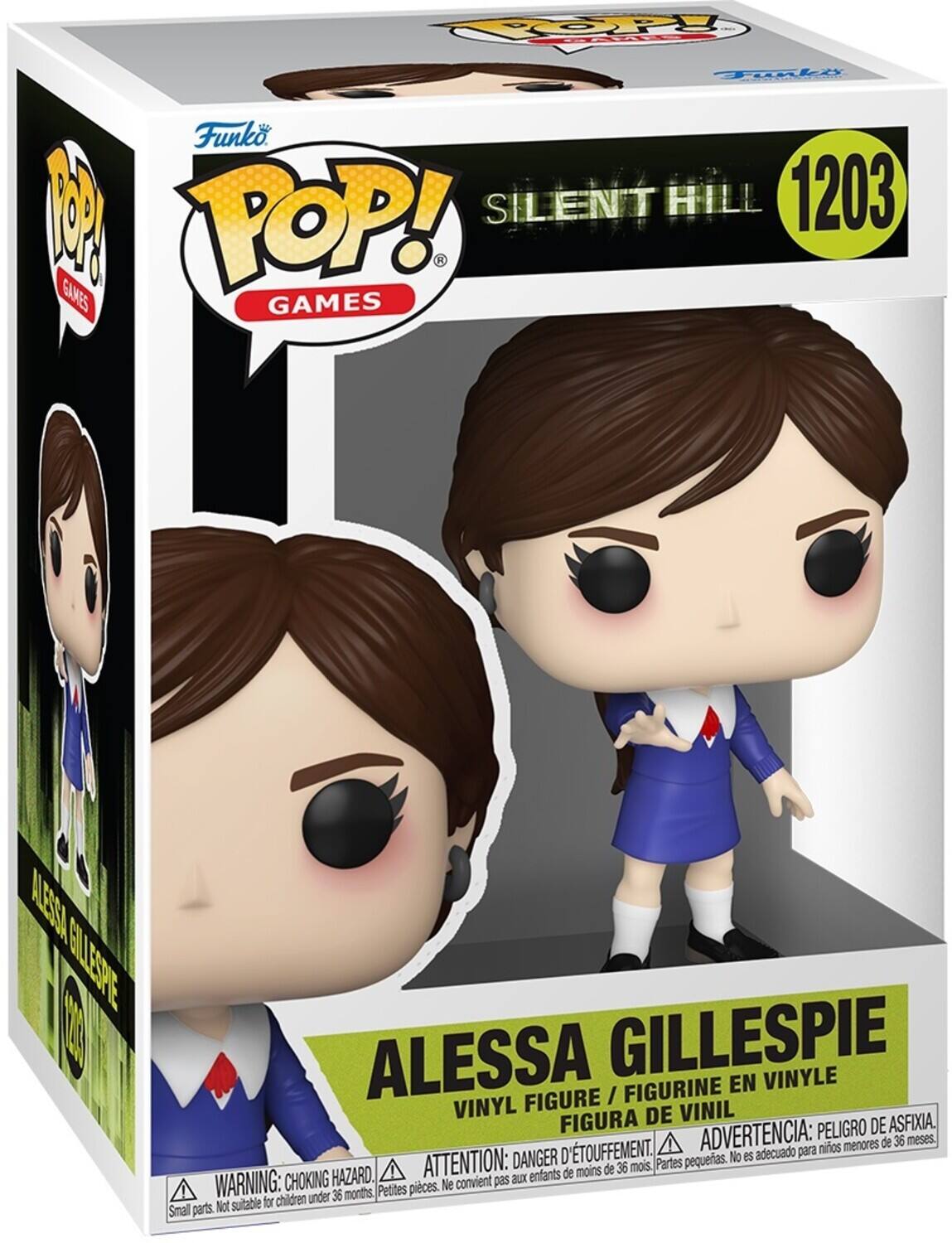 Funko POP! Games  
Silent Hill  
1203  
Alessa Gillespie  
Vinyl Figure / Figurine en Vinyle / Figura de Vinil  

Warning: Choking Hazard. Small parts. Not suitable for children under 36 months.  
Advertencia: Peligro de asfixia. No es adecuado para niños menores de 36 meses.  
Attention: Danger d'étouffement. Ne convient pas aux enfants de moins de 36 mois.