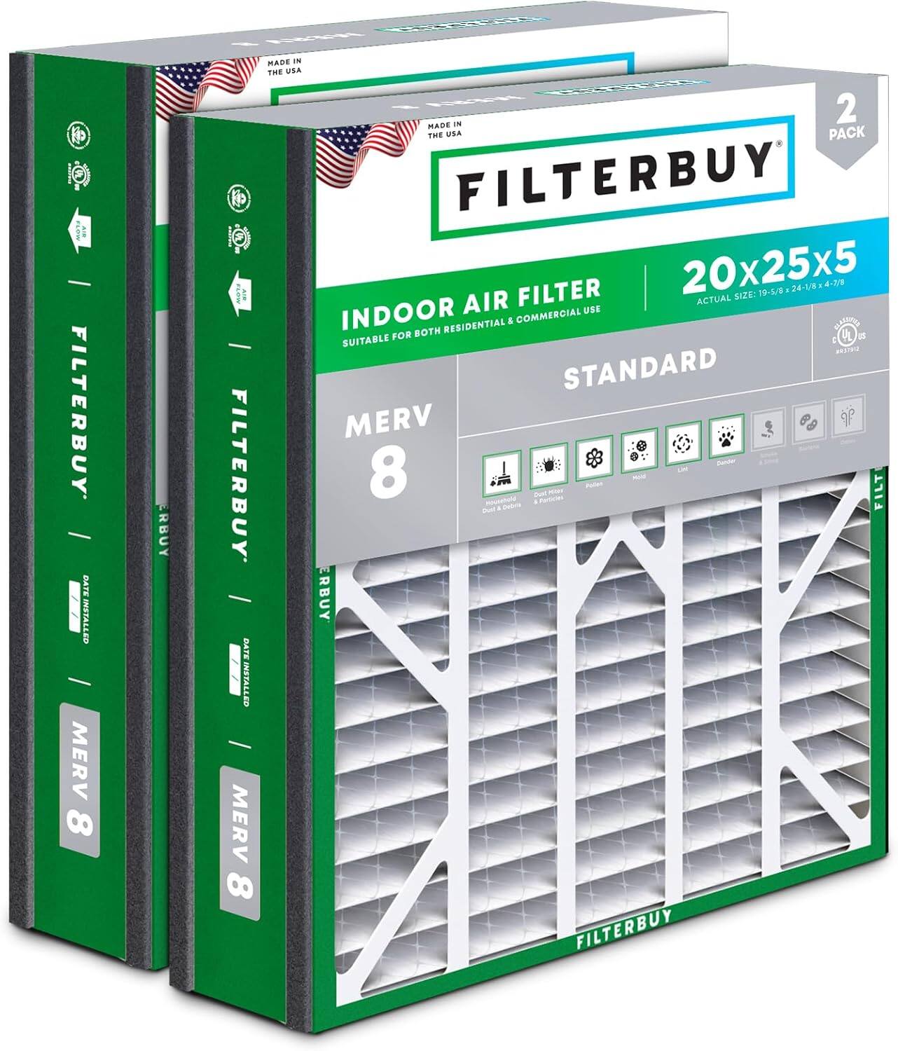 Filterbuy - 20x25x5 MERV 8 Dust & Allergy Defense, Pleated HVAC AC Furnace Air Filters Replacement for Trion Air Bear (2-Pack) - Silver