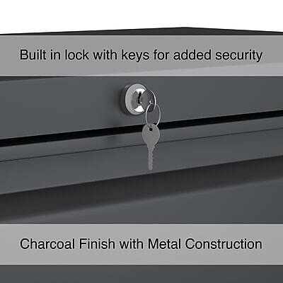Built-in lock with keys for added security  
Charcoal finish with metal construction