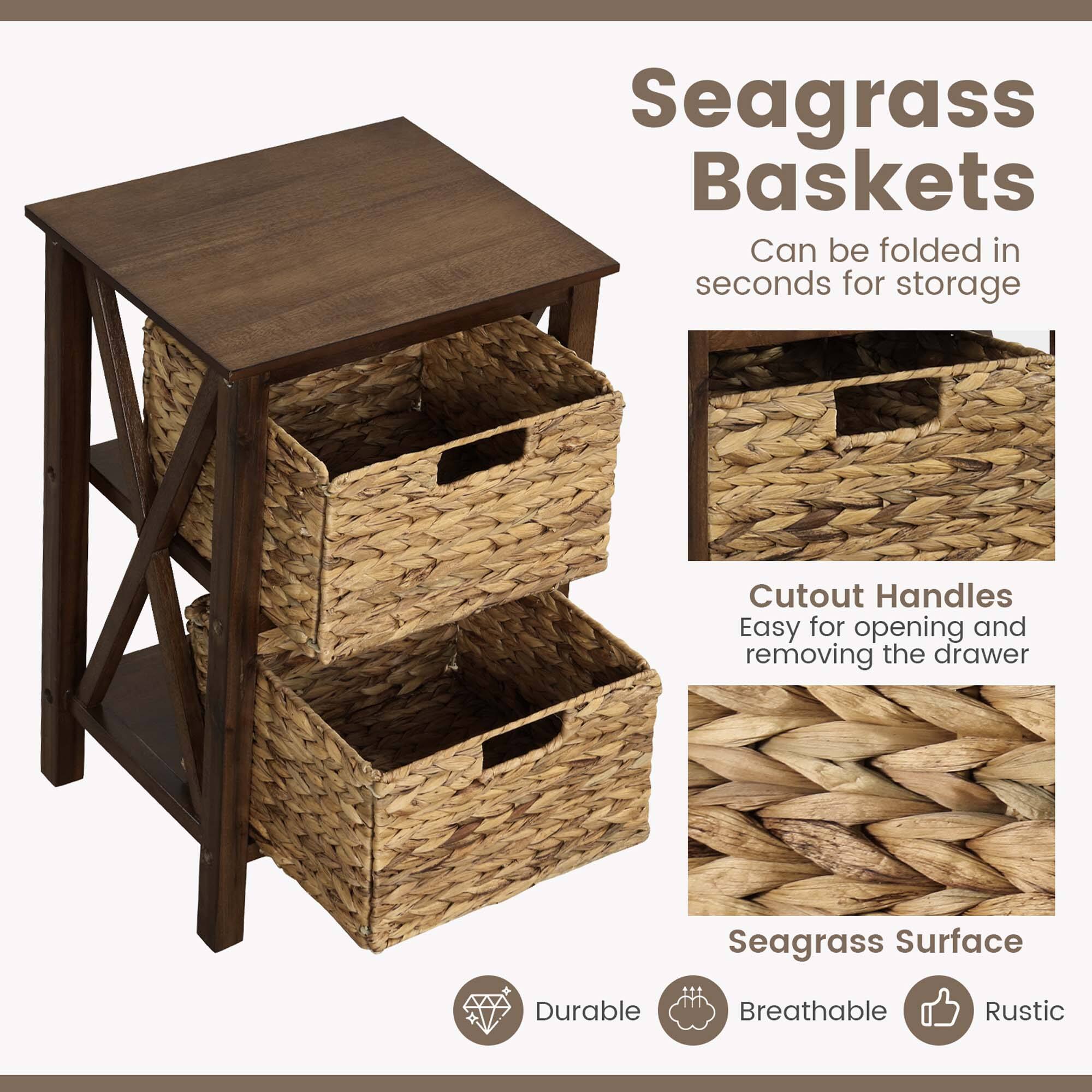 Seagrass Baskets: Can be folded in seconds for storage, Cutout Handles, Easy for opening and removing the drawer, Seagrass Surface, Durable, Breathable, Rustic.