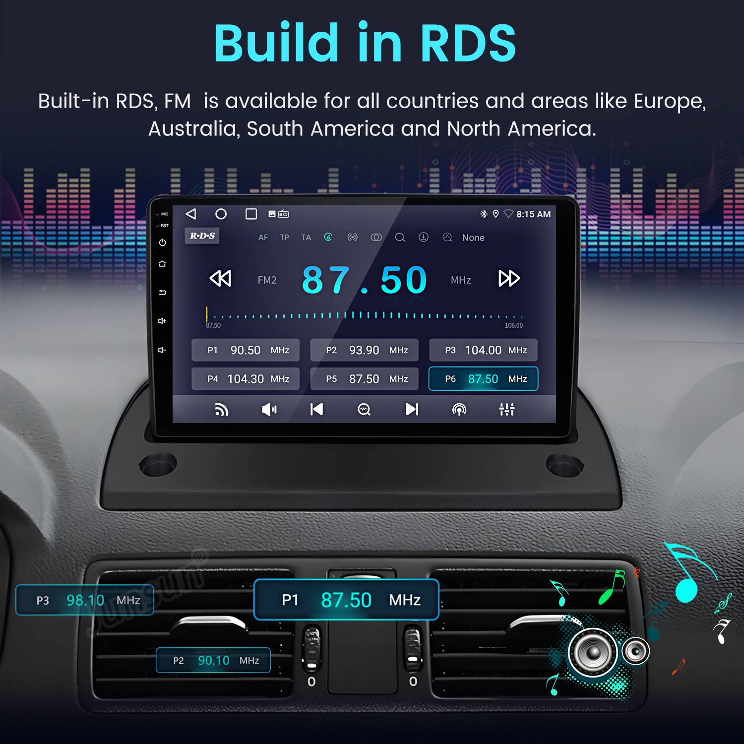 Build in RDS

Built-in RDS, FM is available for all countries and areas like Europe, Australia, South America and North America.