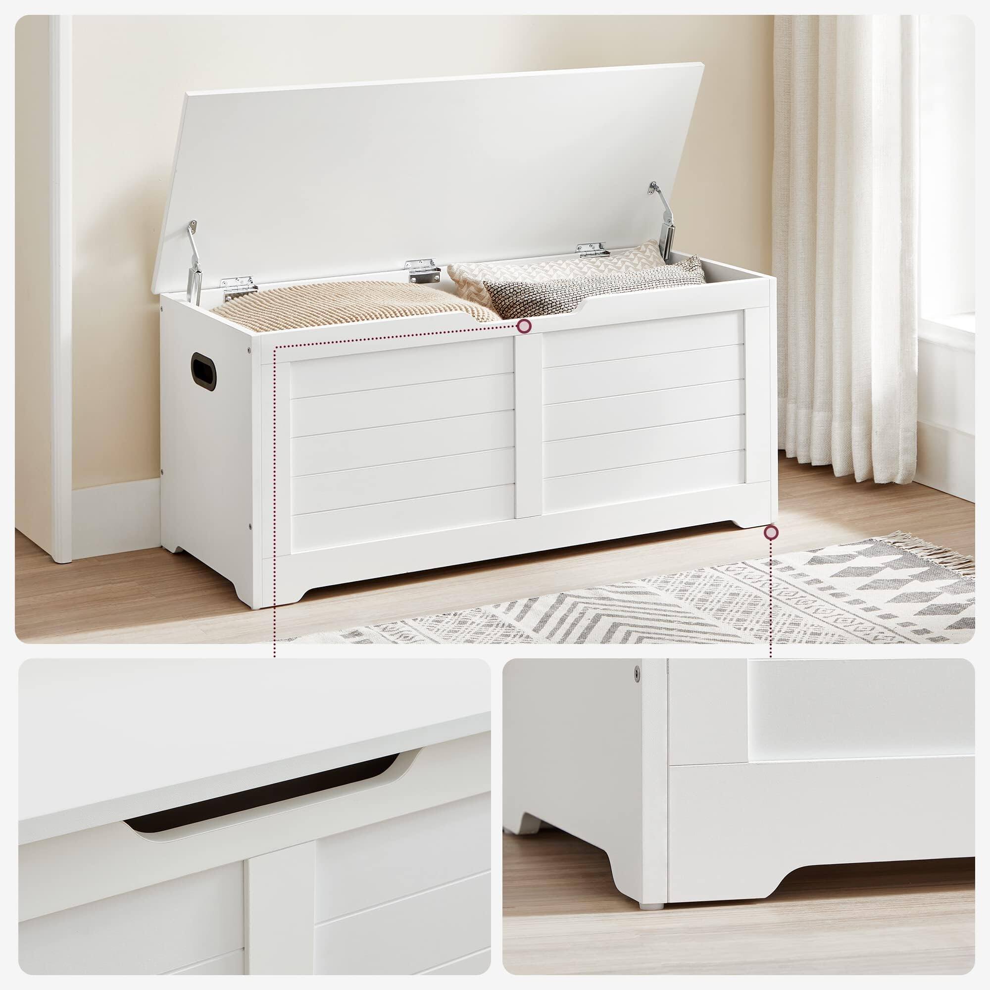Back. JETRANSPORT - Storage Chest Bench With 2 Safety Hinges Farmhouse Style 15.7 X 39.4 18.1 Inches For Entryway Bedroom Living - Heather Greige 39 4''W.