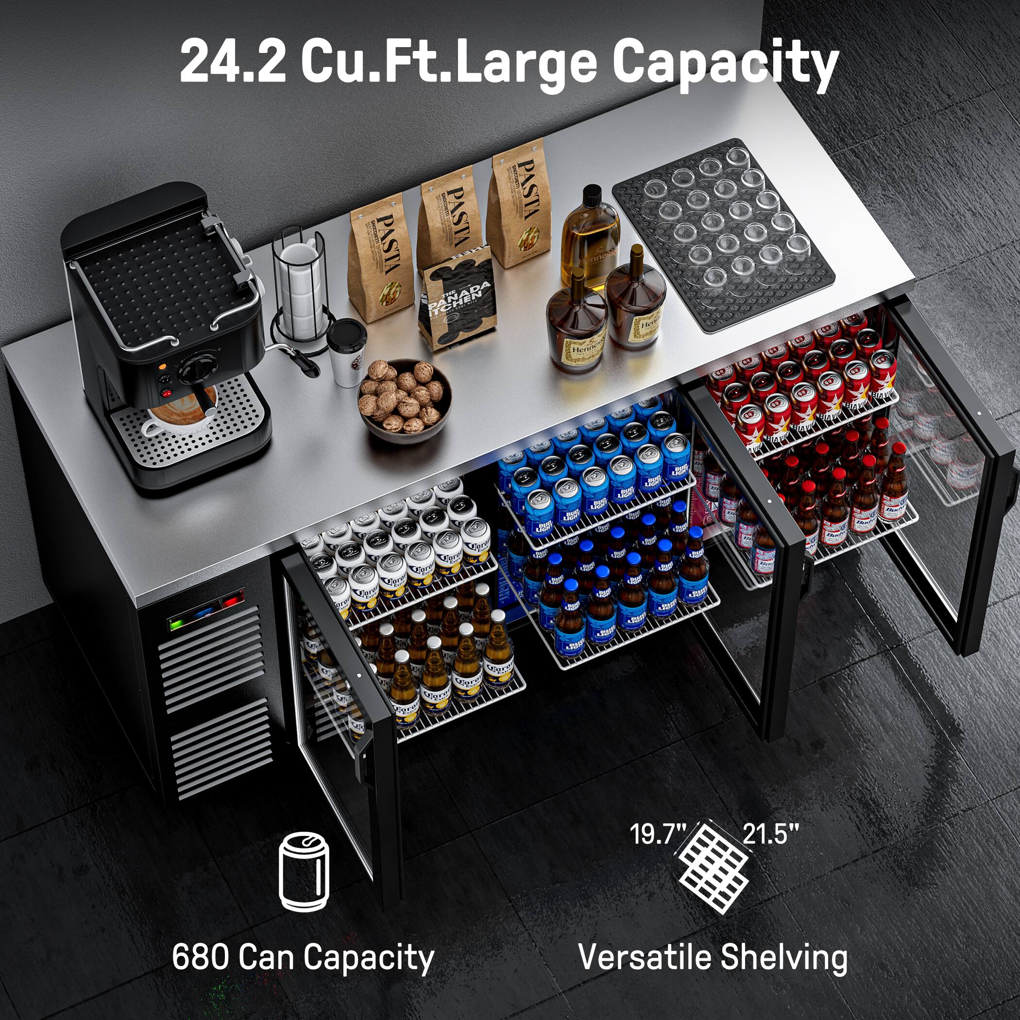 24.2 Cu.Ft. Large Capacity

680 Can Capacity

Versatile Shelving

19.7" x 21.5"