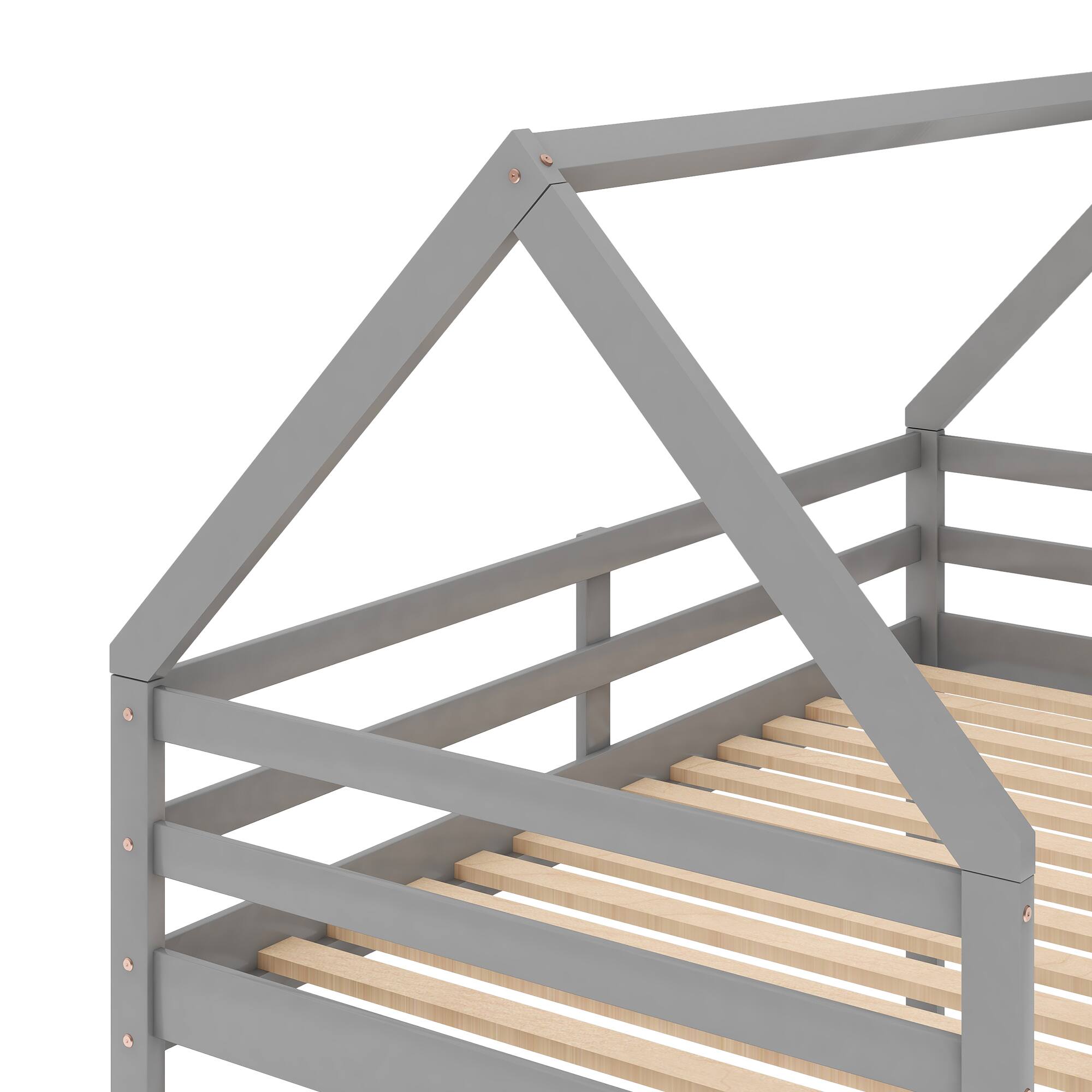 Alt View 4. Aukfa - Twin over Twin Low Bunk Bed, House Bed with Ladder - Gray.