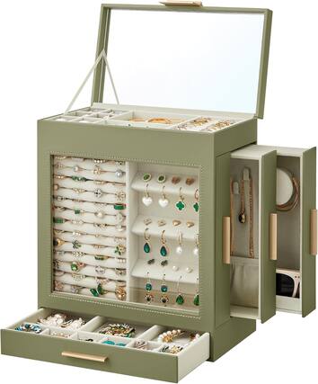 Front. Stamp n Camp - SONGMICS Jewelry Box with Glass Window, 5-Layer Jewelry Organizer with 3 Side Drawers, Jewelry Storage, with Big Mirr....