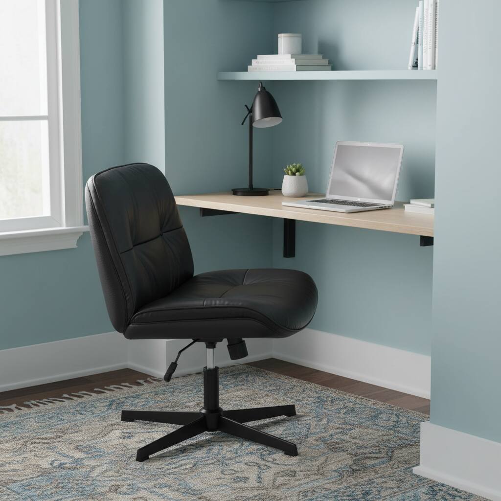 Alt View 4. AOITUN - Armless-Office Desk Chair Without Wheels, Cross Legged Wide Chair, PU Leather Comfortable Adjustable Swivel, Black - Black.