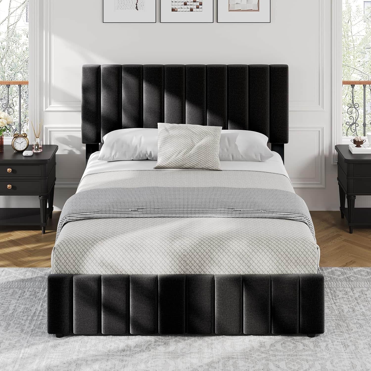 Alt View 2. Jojoka - King Size Platform Bed Frame with 4 Storage Drawers, Adjustable Headboard, Wood Slats, No Box Spring, Black - Black.