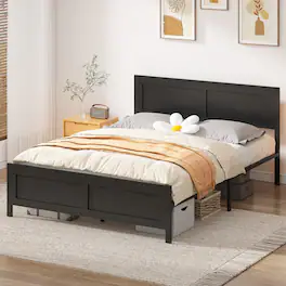Dyonery - Queen Size Bed Frame, Metal Platform Bed Frame with Wooden Headboard with Rivet, 13 Heavy Duty Iron Slats Support. - Black