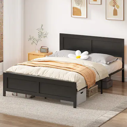 Front. Dyonery - Queen Size Bed Frame, Metal Platform Bed Frame with Wooden Headboard with Rivet, 13 Heavy Duty Iron Slats Support. - Black.