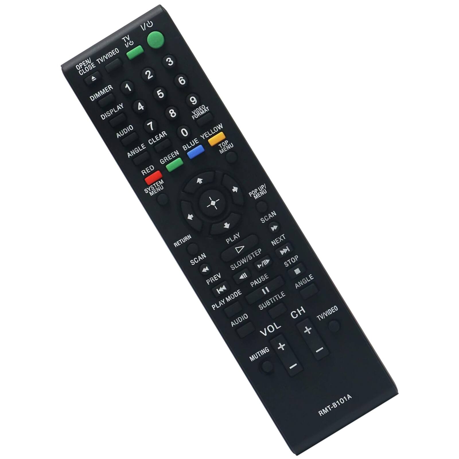 1/U TV vO OPEN/ TV/VIDEO 3 CLOSE 2 6 DIMMER 1 5 9 DISPLAY 4 8 FORMAT AUDIO 7 YELLOW 0 CLEAR BLUE TOP ANGLE MENU GREEN RED MENU UP/ POP MENU SCAN RETURN PLAY NEXT DN SCAN SLOW/STEP 1/ STOP PREV PAUSE ANGLE 144 " MODE SUBTITLE PLAY AUDIO CH TV/VIDEO VOL + - MUTING RMT-B101A