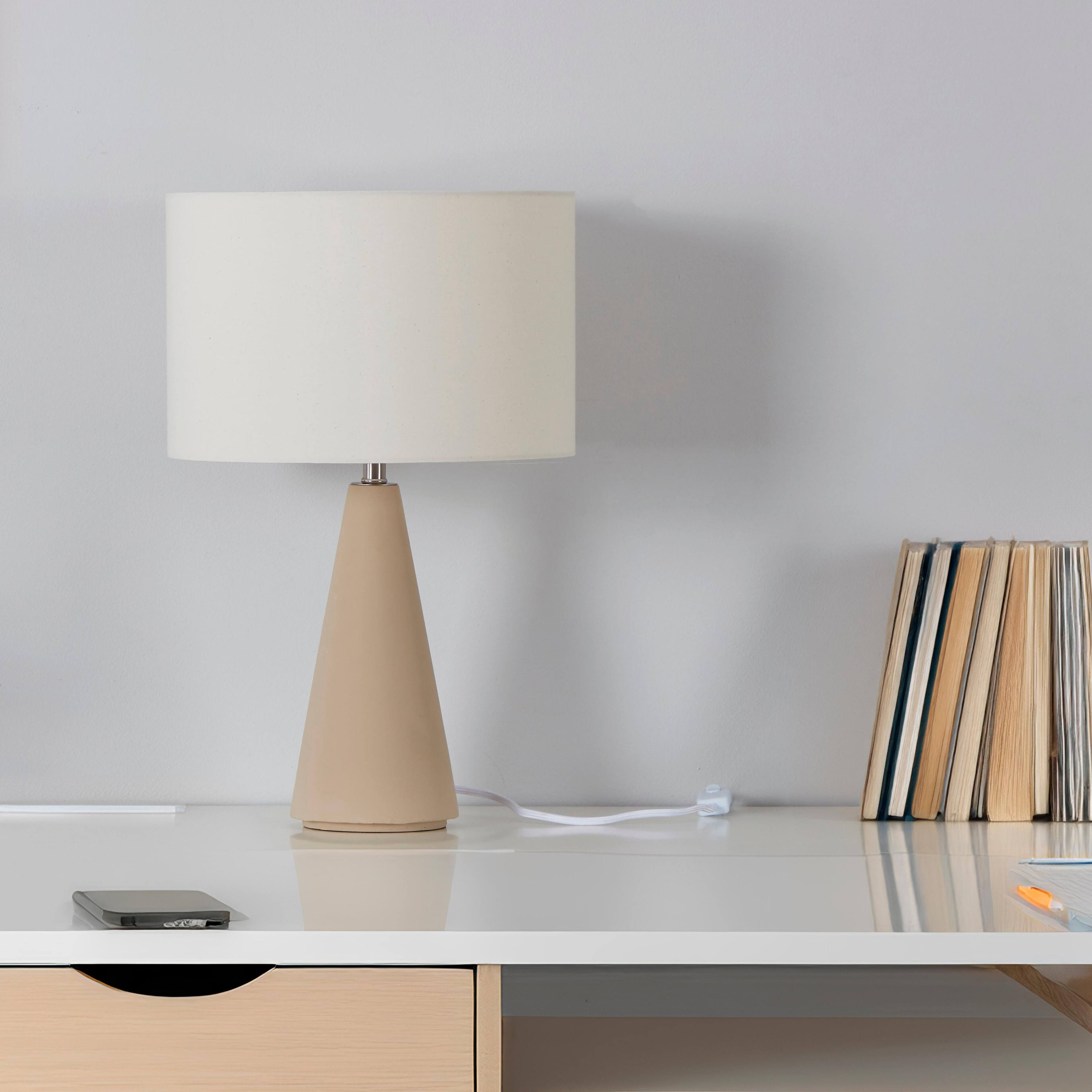 Alt View 7. Brightech - Nathaniel LED Midcentury Modern Empire Bedside Nightstand Desk Lamp with Off-White Cream Fabric Drum Shade - Off-White Cream Cement.