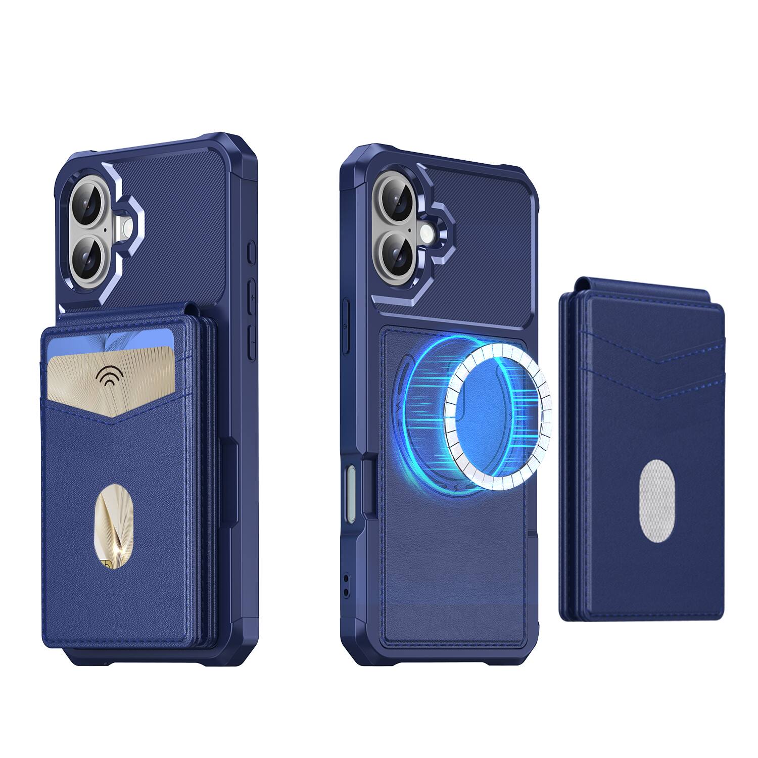 Angle. Dteck - For Apple iPhone 16 Wallet Case 2-in-1 Magnetic Leather Flip Stand RFID Blocking Cover With Detachable Card Holder - Darkblue.