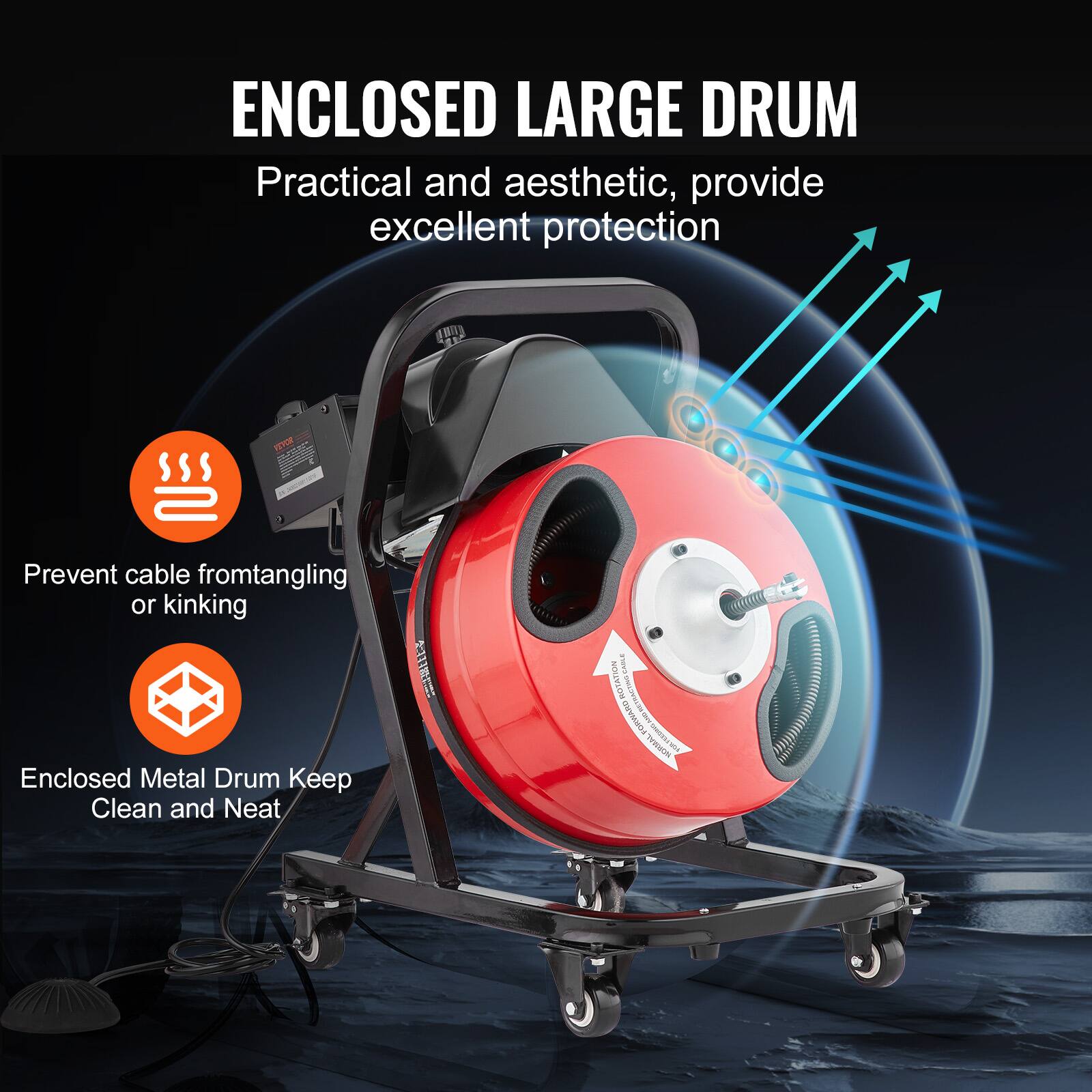 ENCLOSED LARGE DRUM
Practical and aesthetic, provide excellent protection

Prevent cable from tangling or kinking
Enclosed Metal Drum Keep Clean and Neat